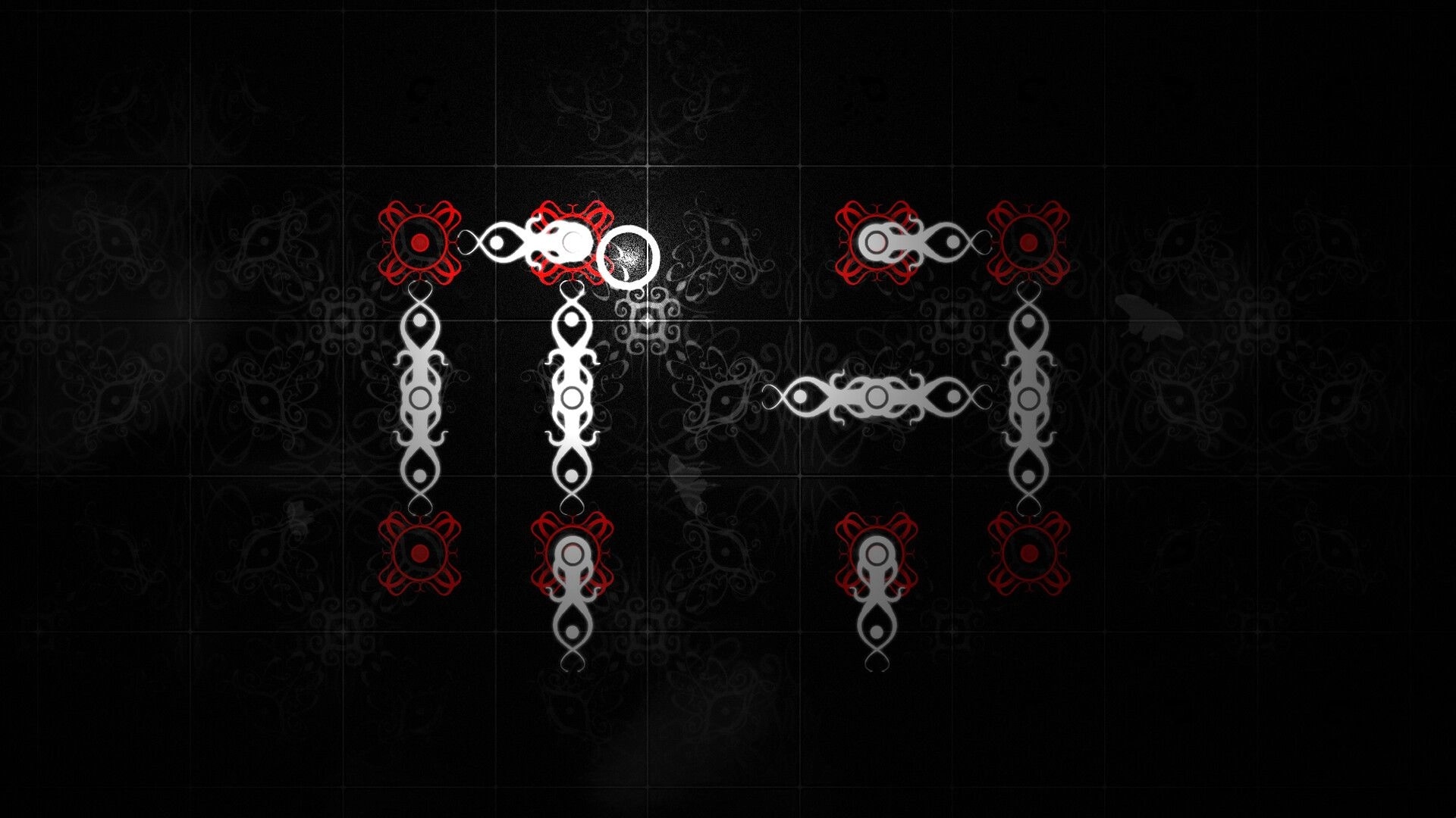 Deep Siren: Abstract puzzle nodes linked by white paths on a dark tiled grid with red emblems.