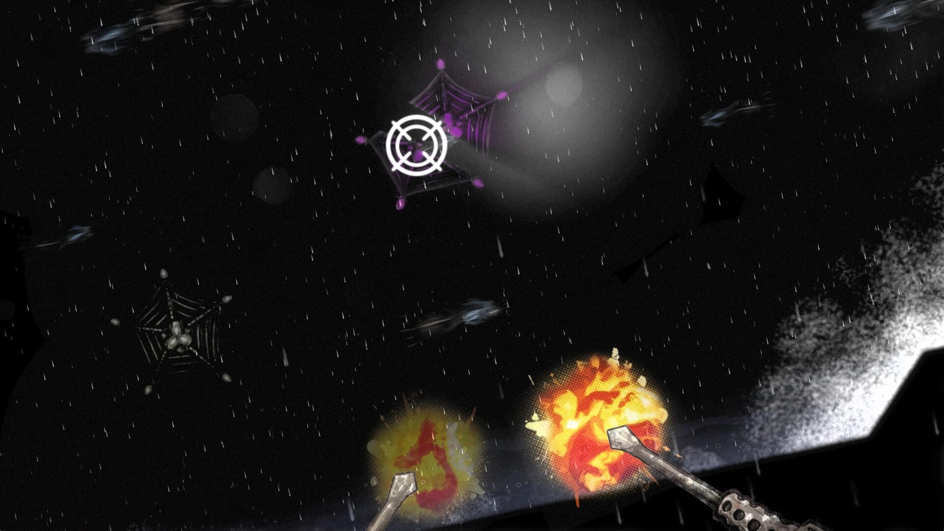 Deep Siren: Crosshair aiming at purple sea creature in stormy night ocean with rain and fire below.