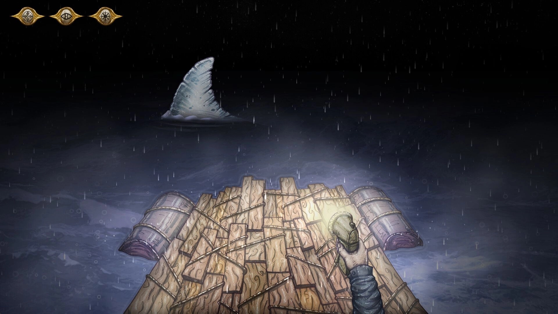 Deep Siren: First-person view holding a green flare on a raft in rain, fin breaks dark sea ahead.