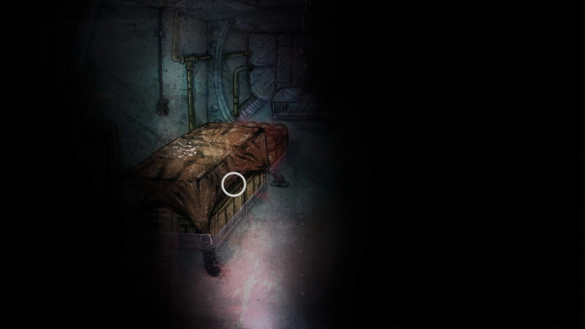 Deep Siren: Interaction cursor on tarp-covered crate amid pipes and dripping water in dim ship room.
