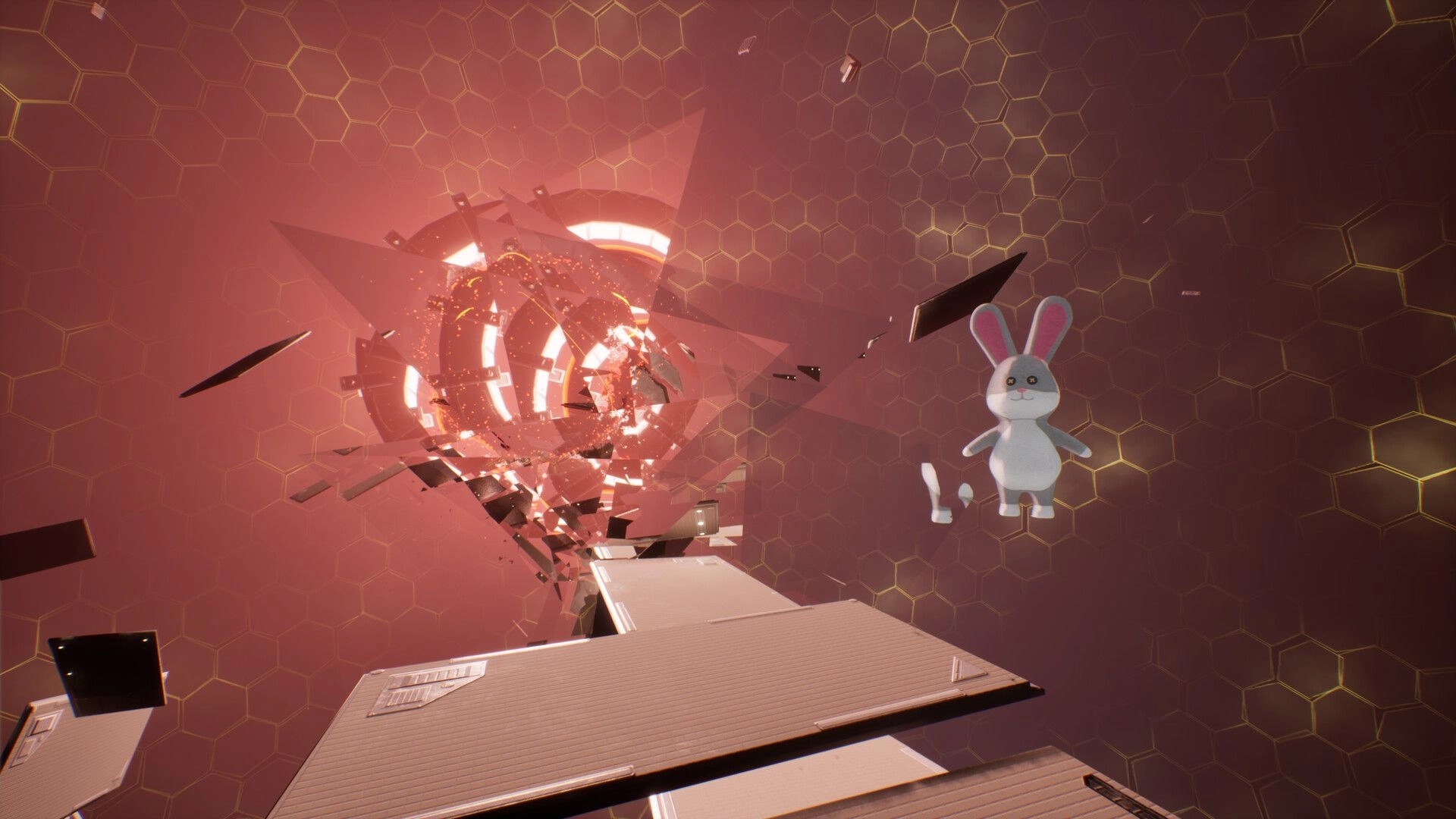Deep Space Corridor: Floating rabbit toy near shattered space corridor with hexagonal wall pattern