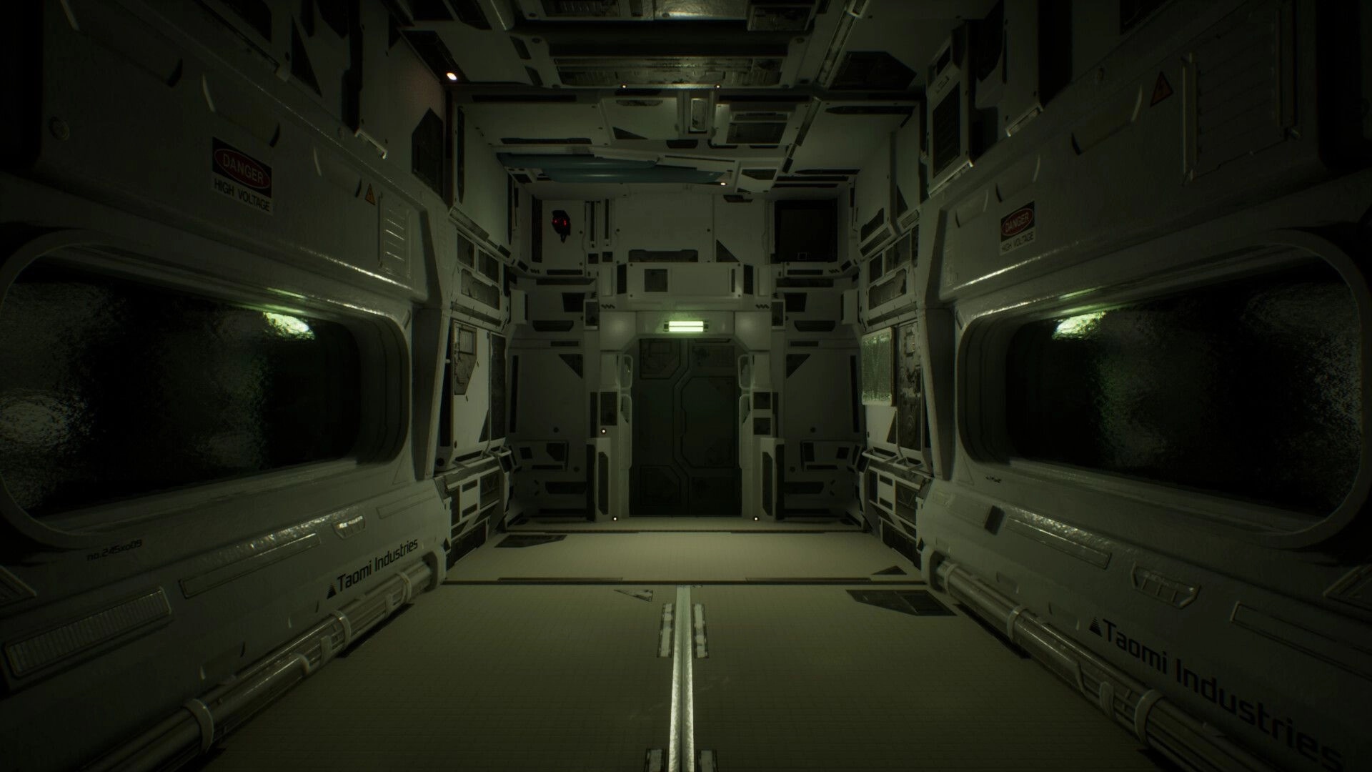 Deep Space Corridor: Dimly lit metallic hallway with central door and warning signs on the walls