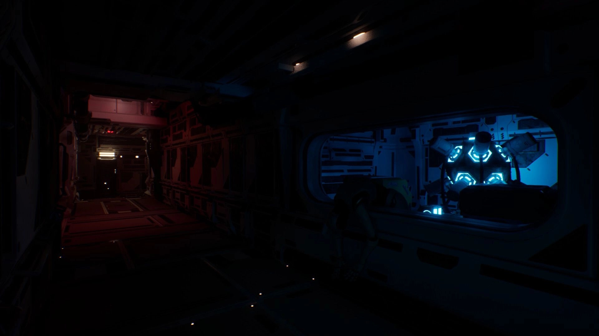 Deep Space Corridor: Darkened hallway with red lighting and a room with glowing blue machinery visible