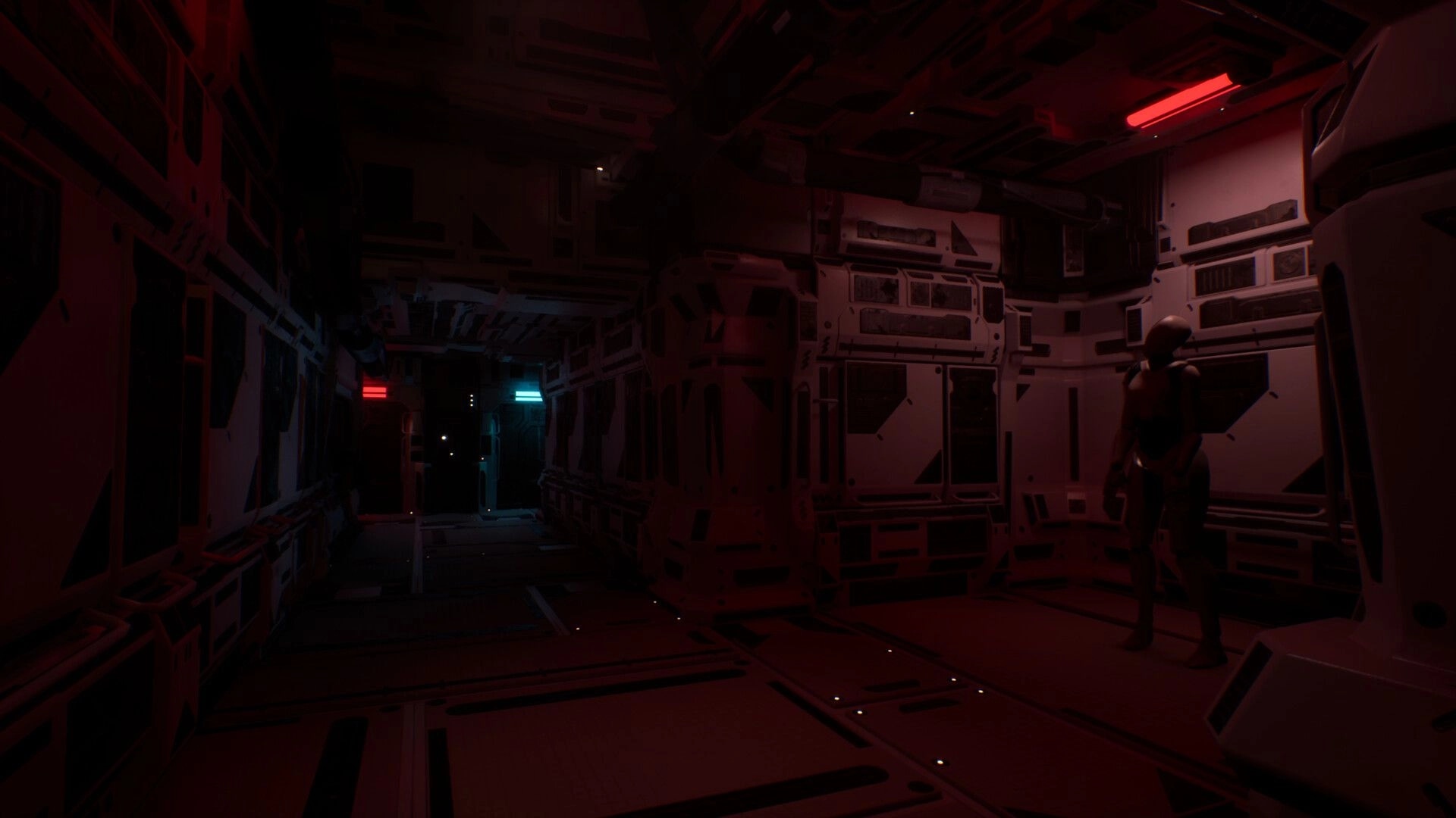 Deep Space Corridor: Dimly lit corridor with red and blue lights, humanoid figure standing in shadows