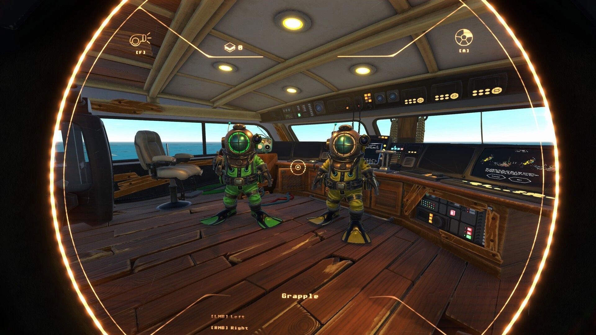 Deeper: Two divers in green and yellow suits stand in a ship cockpit with consoles and grapple UI.