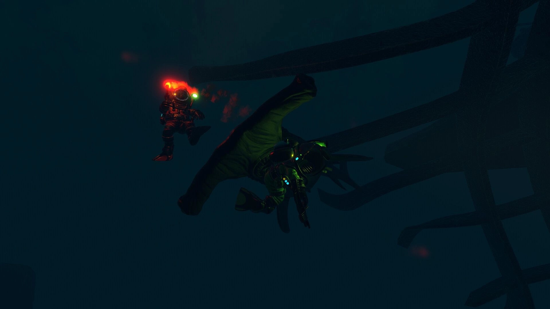 Deeper: Two divers with glowing helmet lights swim past a huge sea creature in dark deep water.