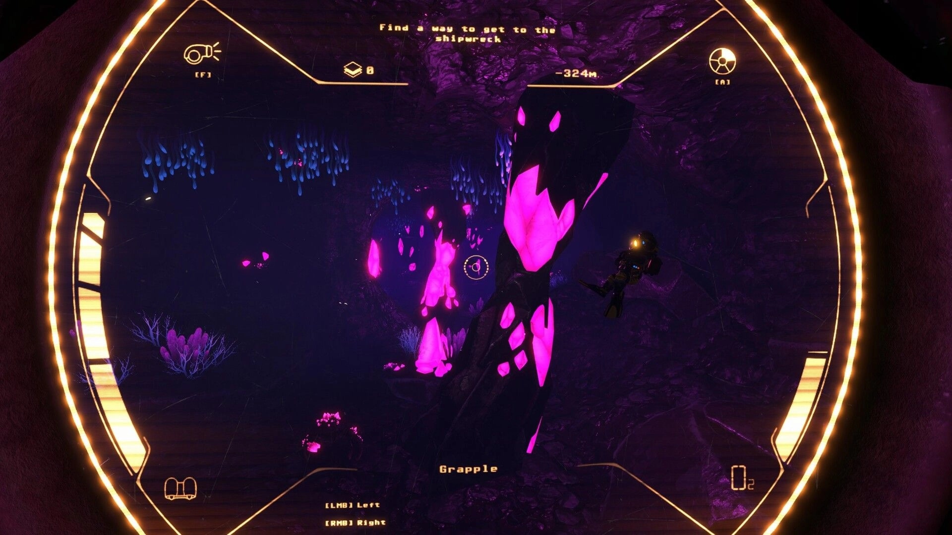 Deeper: Diver grapples past glowing purple crystals in dark cave, mission text and depth HUD visible.
