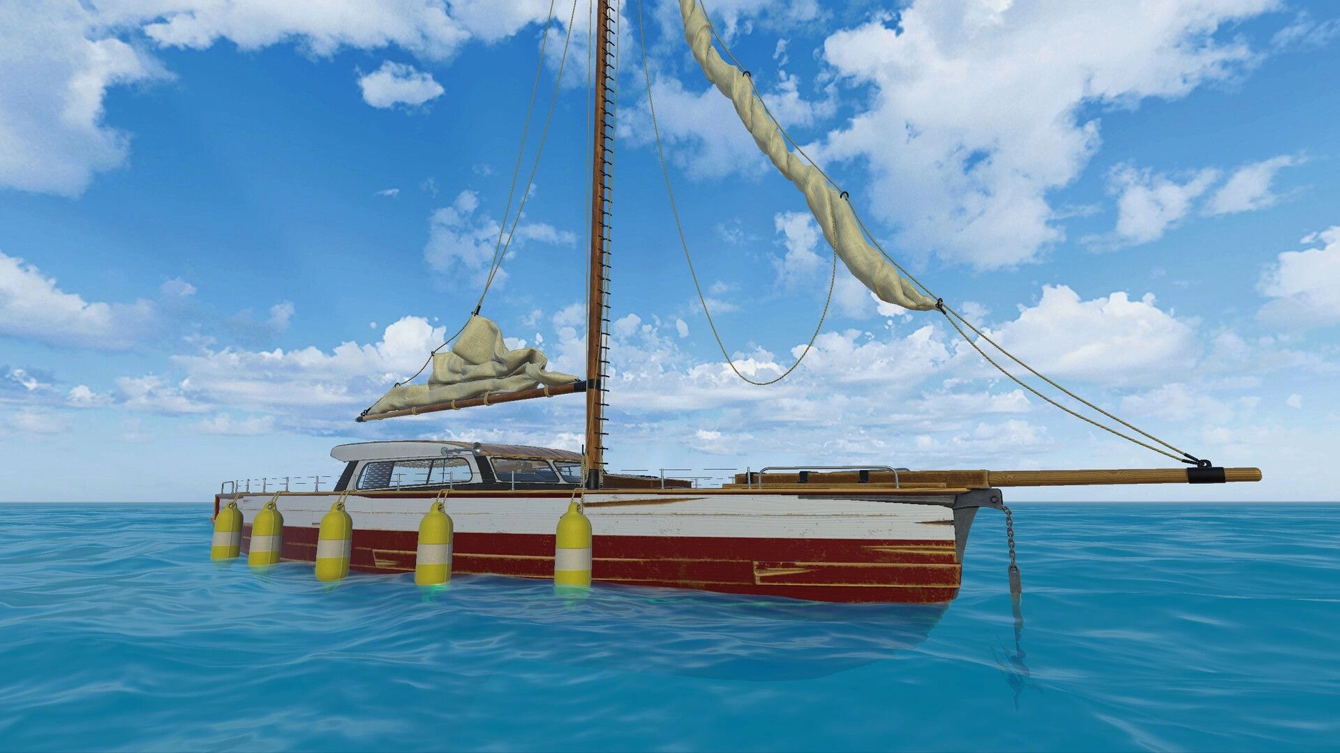 Deeper: Sailboat with mast and fenders floating on calm ocean under bright blue sky and clouds.