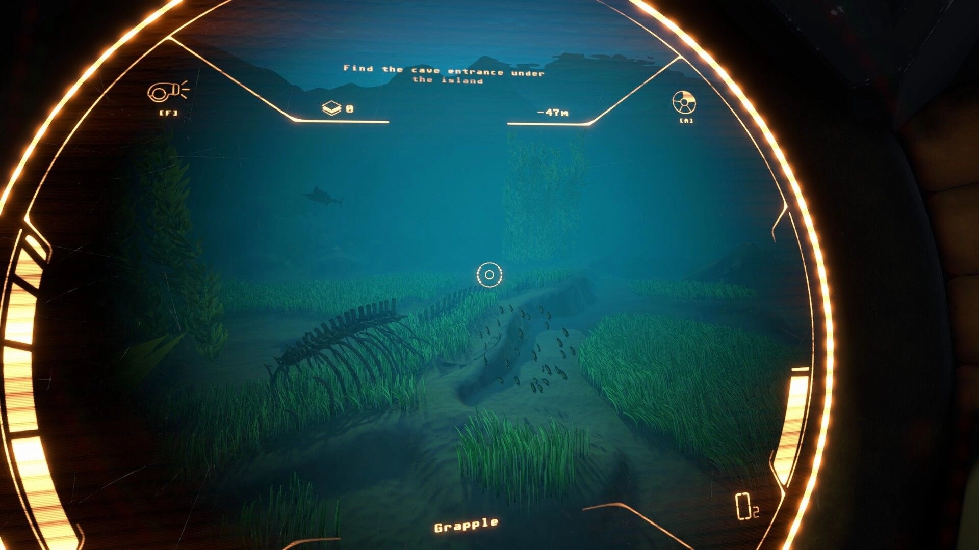 Deeper: HUD objective to find cave entrance while diving over seagrass and a ribcage skeleton seabed.