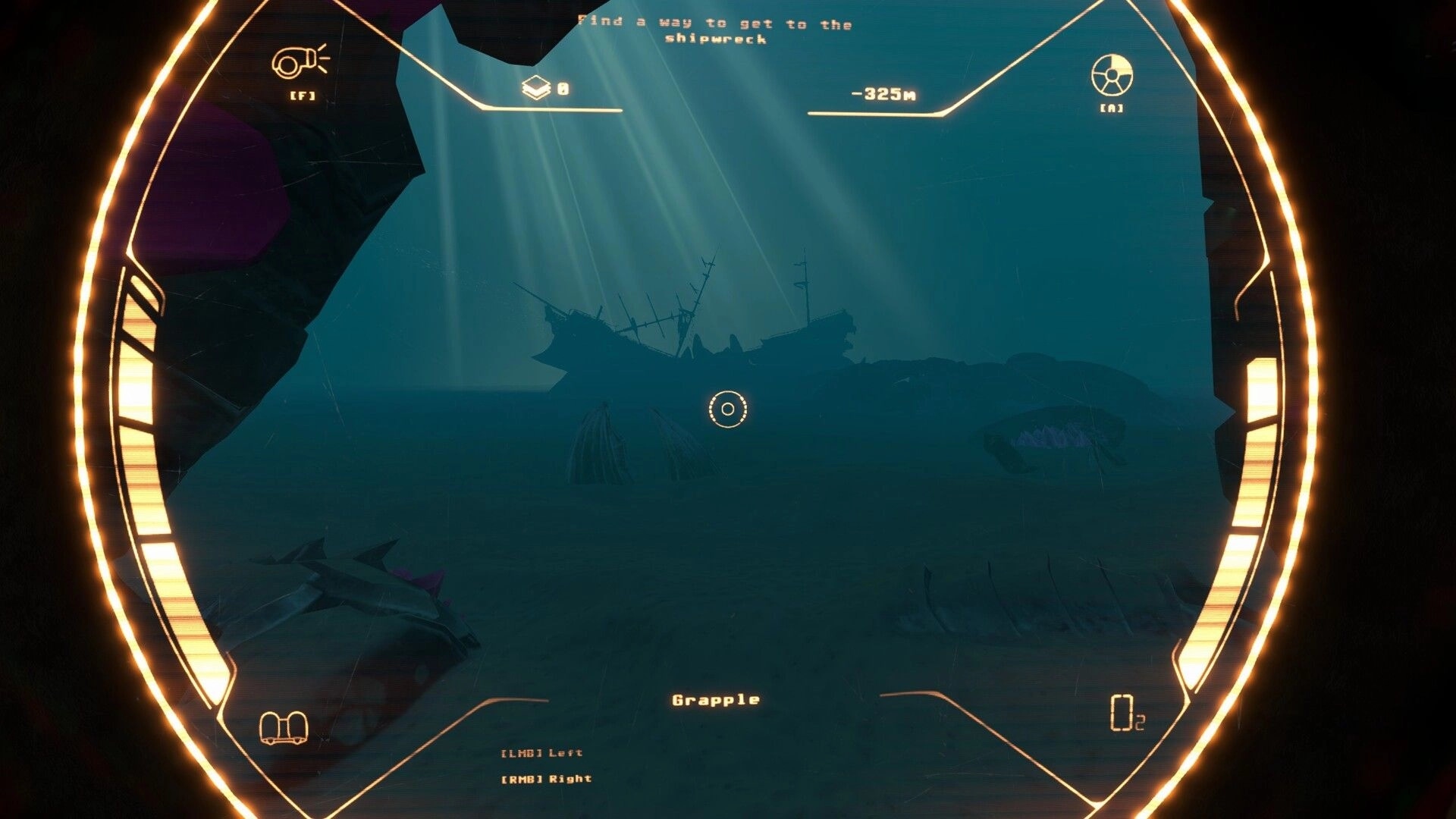 Deeper: HUD view aiming grapple at distant shipwreck in murky deep sea, depth -325m displayed.