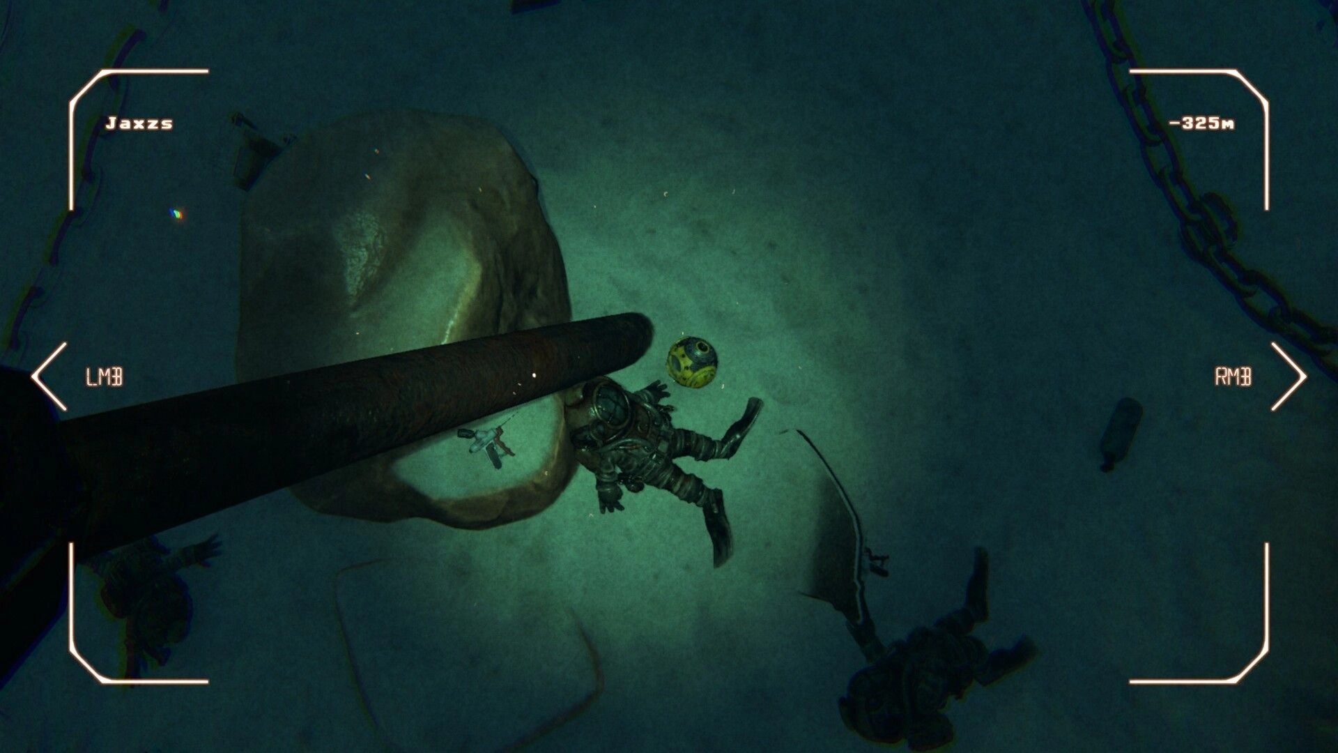 Deeper: Diver drifts by a huge pipe and boulder underwater, UI shows Jaxzs and -325m depth.