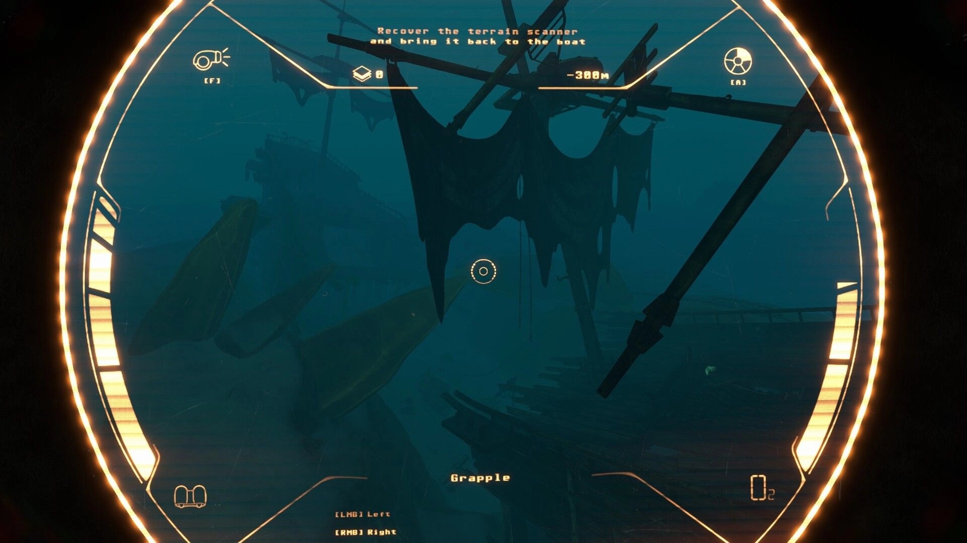 Deeper: Grapple reticle aimed at sunken wreckage, objective text and depth meter in dark water.