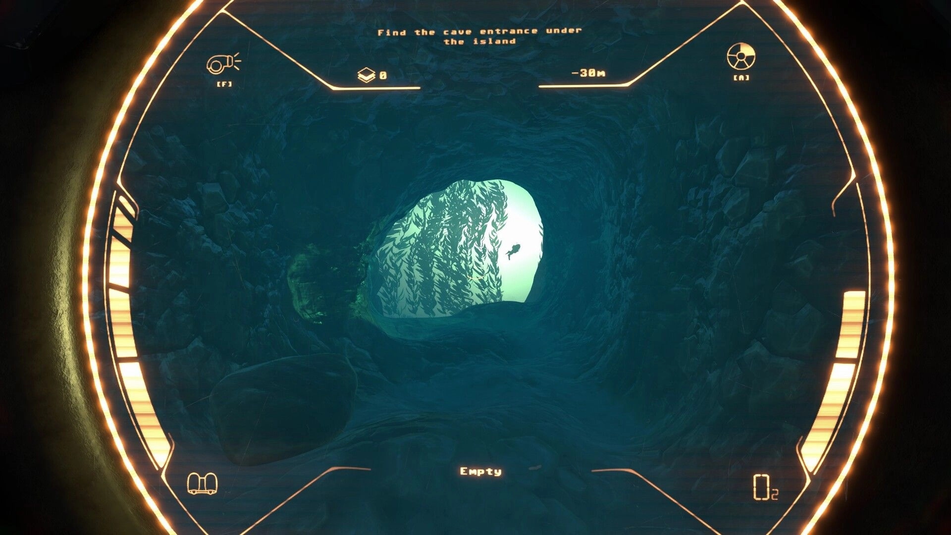 Deeper: First-person diver HUD aiming at glowing cave exit with fish silhouettes in murky water.