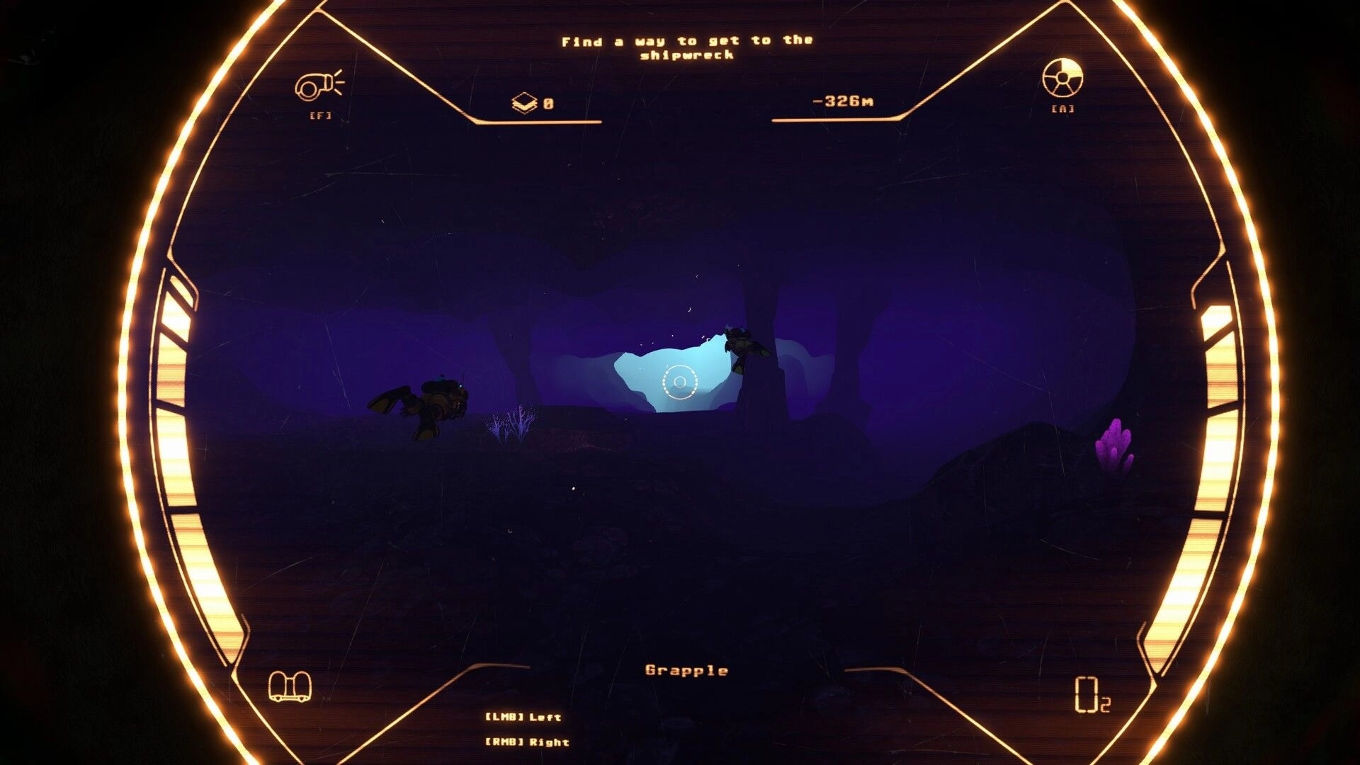 Deeper: Two divers swim through a dark underwater cave, HUD objective “Find a way to get to the shipwreck”.