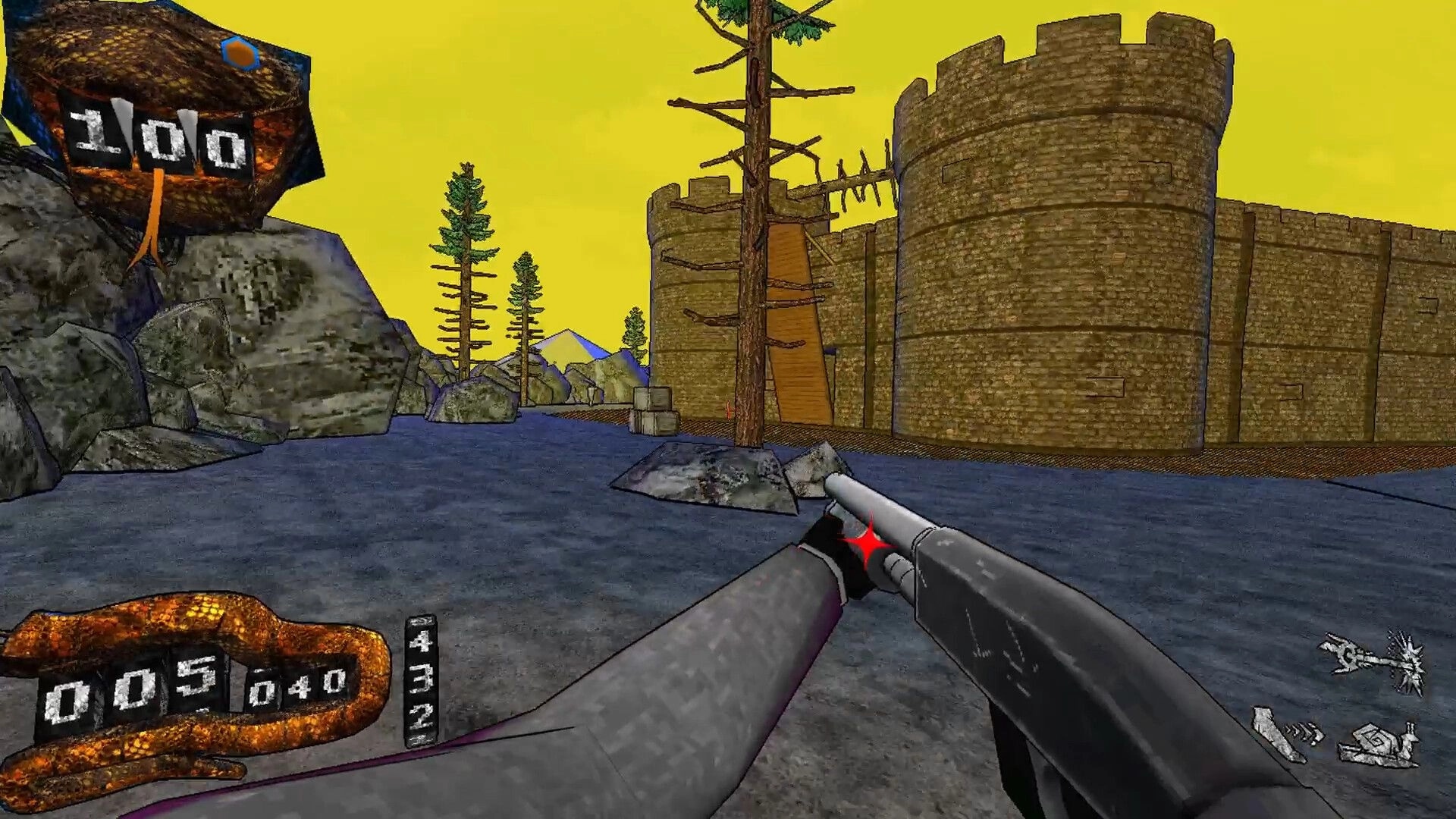 Deeper Still: First-person shotgun aimed at stone fortress wall under yellow sky, ammo HUD visible.