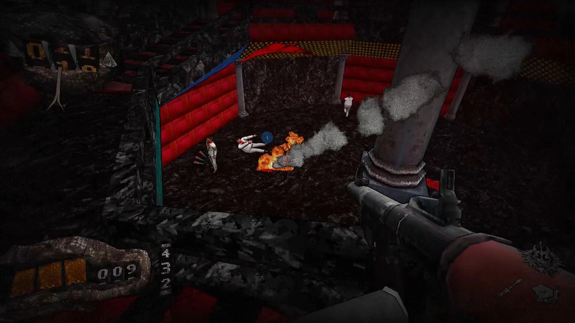 Deeper Still: First-person rifle aimed at guards by a fire in a red-walled rocky courtyard area.