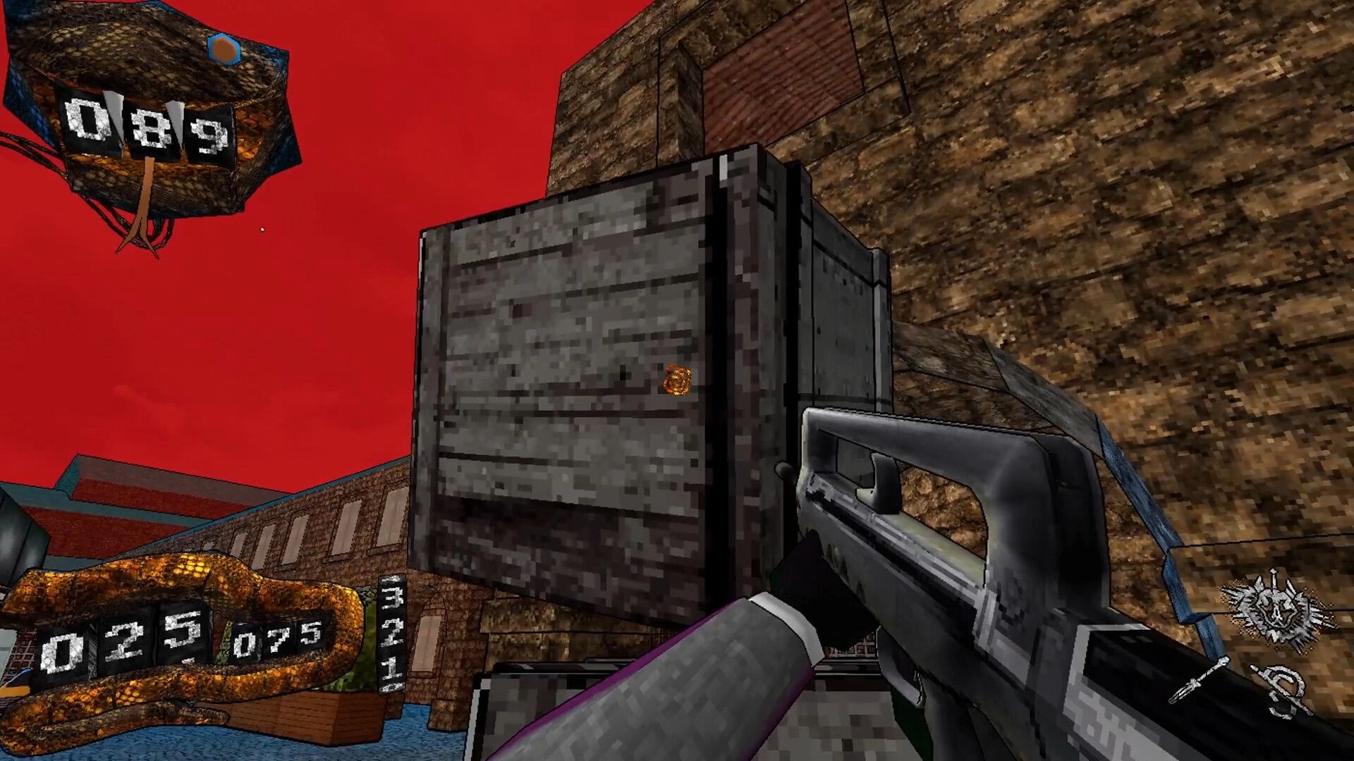 Deeper Still: Player aims rifle at metal crate in blocky courtyard under red sky, ammo UI visible.