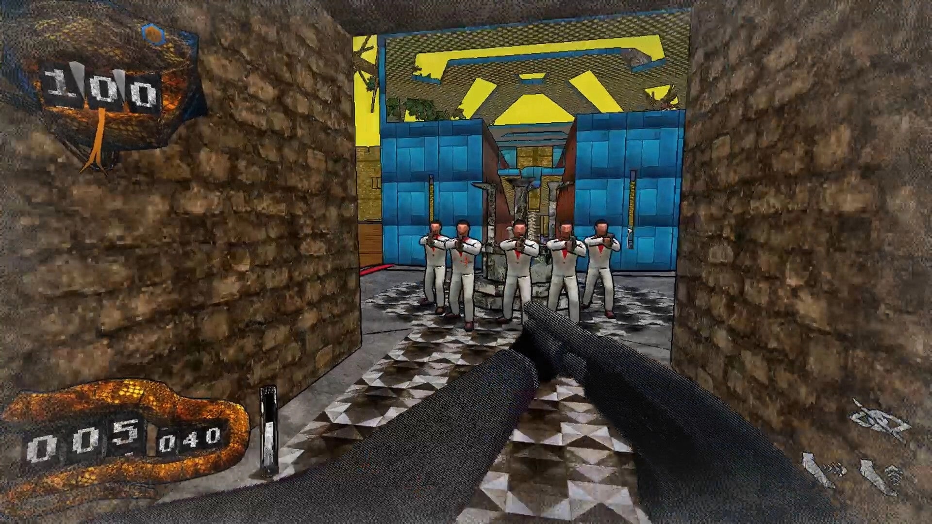 Deeper Still: Shotgun aimed at five armed guards in white suits inside a tiled corridor arena.