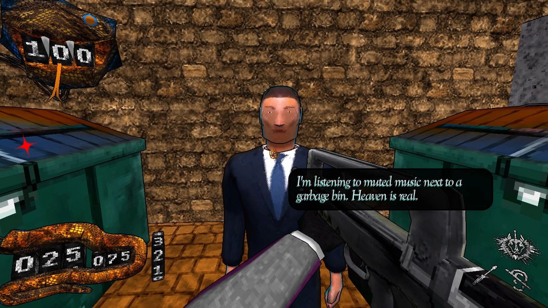 Deeper Still: Player aims rifle at suited NPC with dialogue box in alley between dumpsters and brick wall.