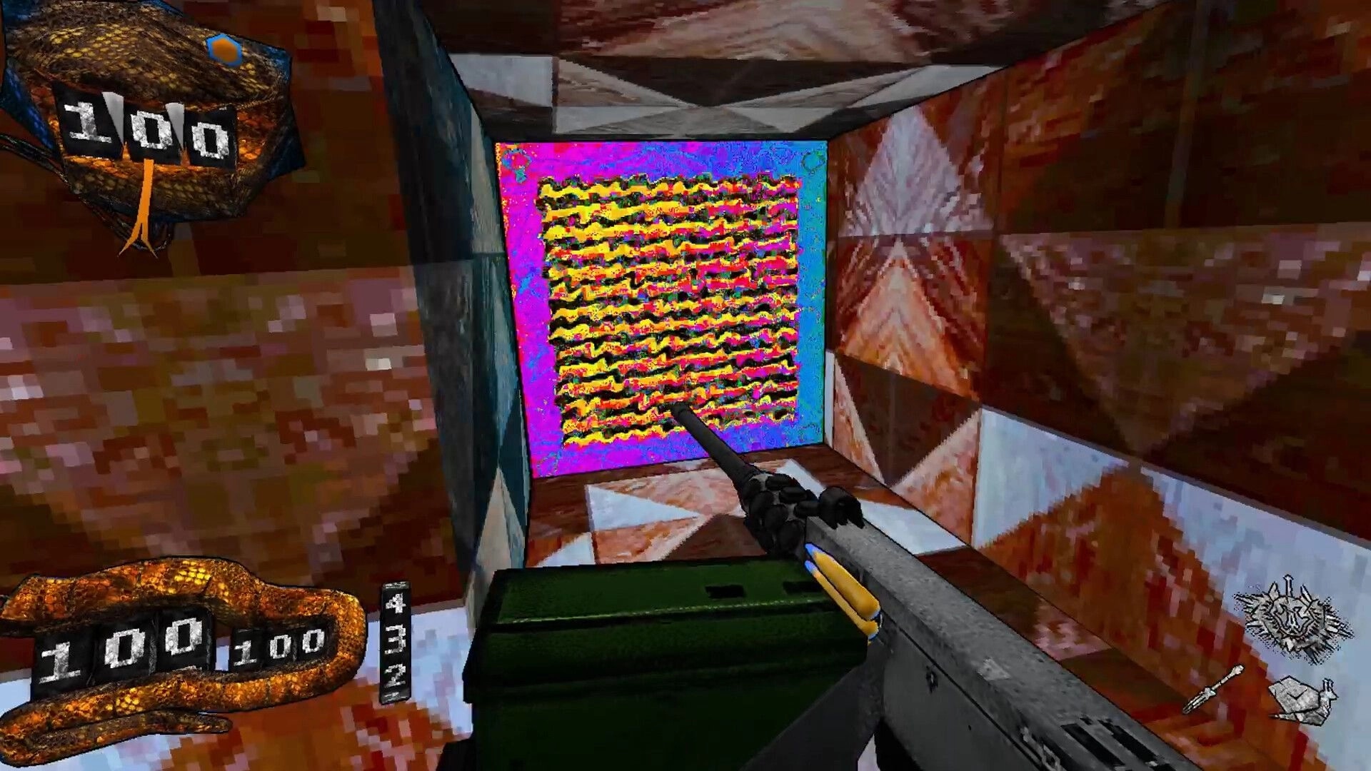 Deeper Still: Player aims rifle at a glitchy neon wall in a tiled corridor, ammo and health UI visible.