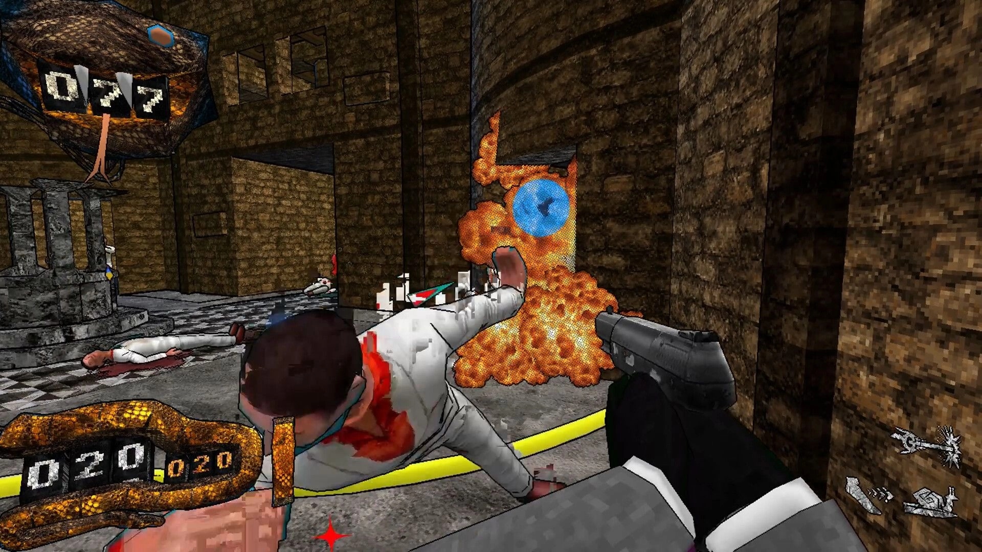 Deeper Still: Pistol aimed past a fallen guard as flames erupt in a gritty stone corridor with HUD timers.
