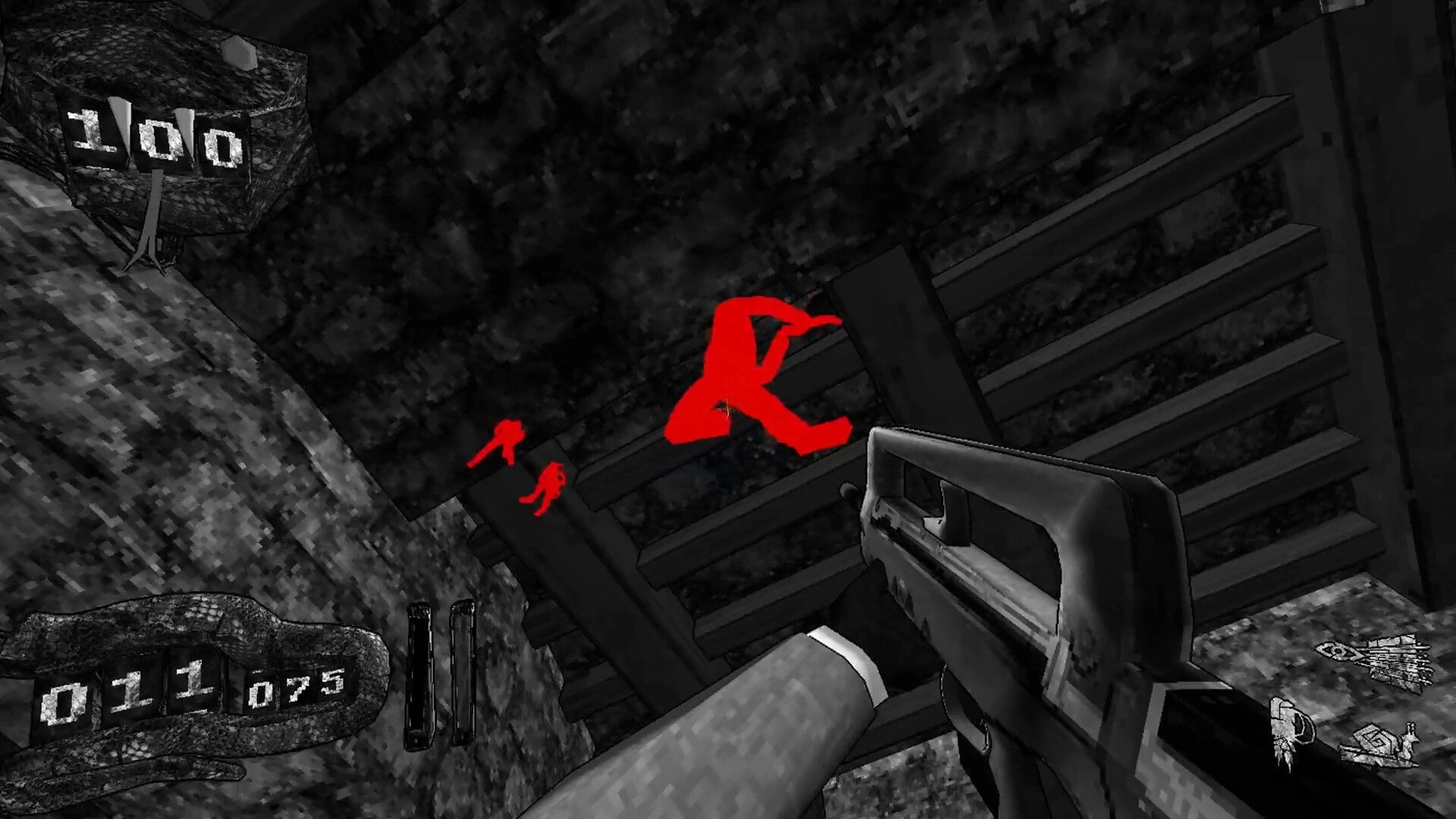 Deeper Still: First-person rifle aimed at red enemy silhouettes on wooden stairs in dark ruins.