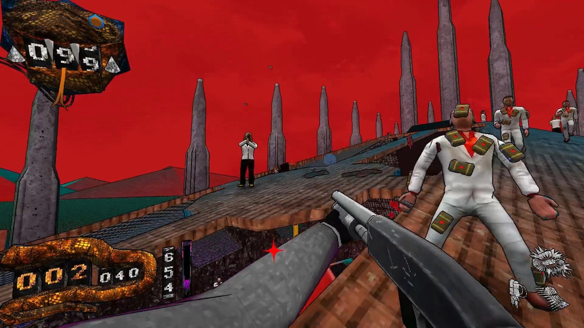 Deeper Still: Shotgun aimed at white-suited guards on a sloped walkway under a red sky HUD visible.
