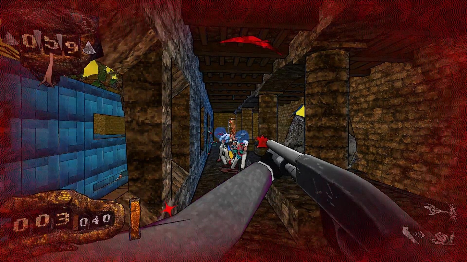 Deeper Still: Shotgun firefight with two masked enemies in a narrow stone corridor, low health HUD.