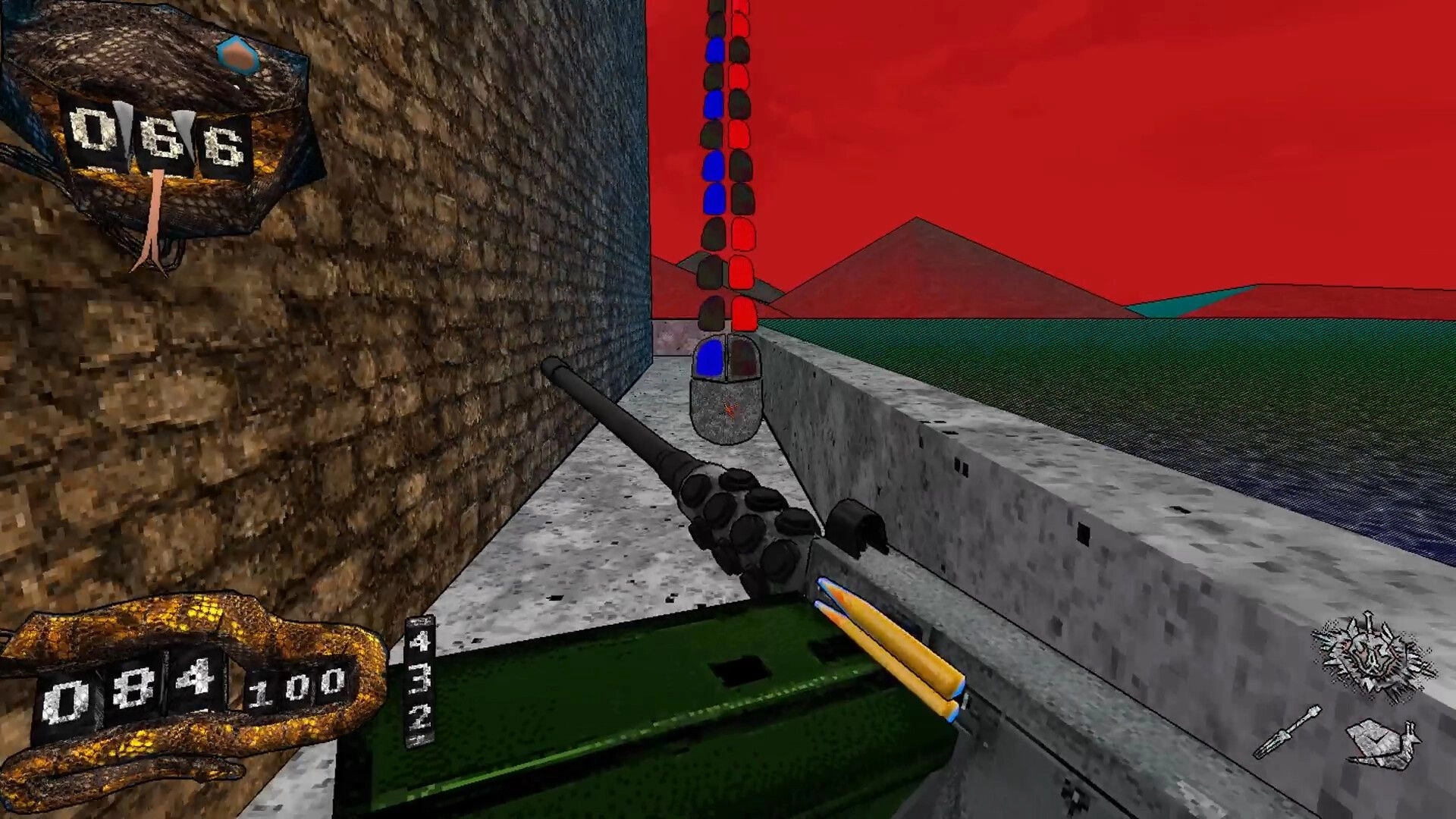 Deeper Still: First-person rifle view aiming at a red-blue beacon beside concrete rooftop ledge.