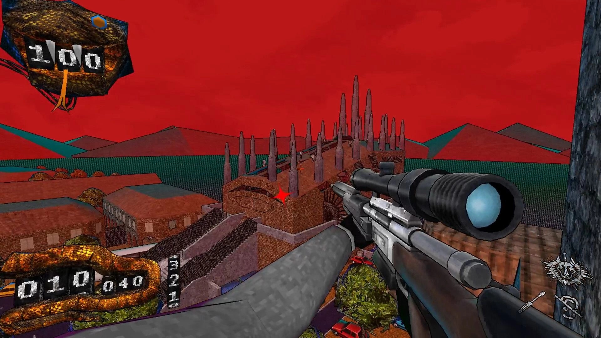 Deeper Still: Scoped rifle aimed over spiked brick rooftops under red sky, ammo and health HUD visible.