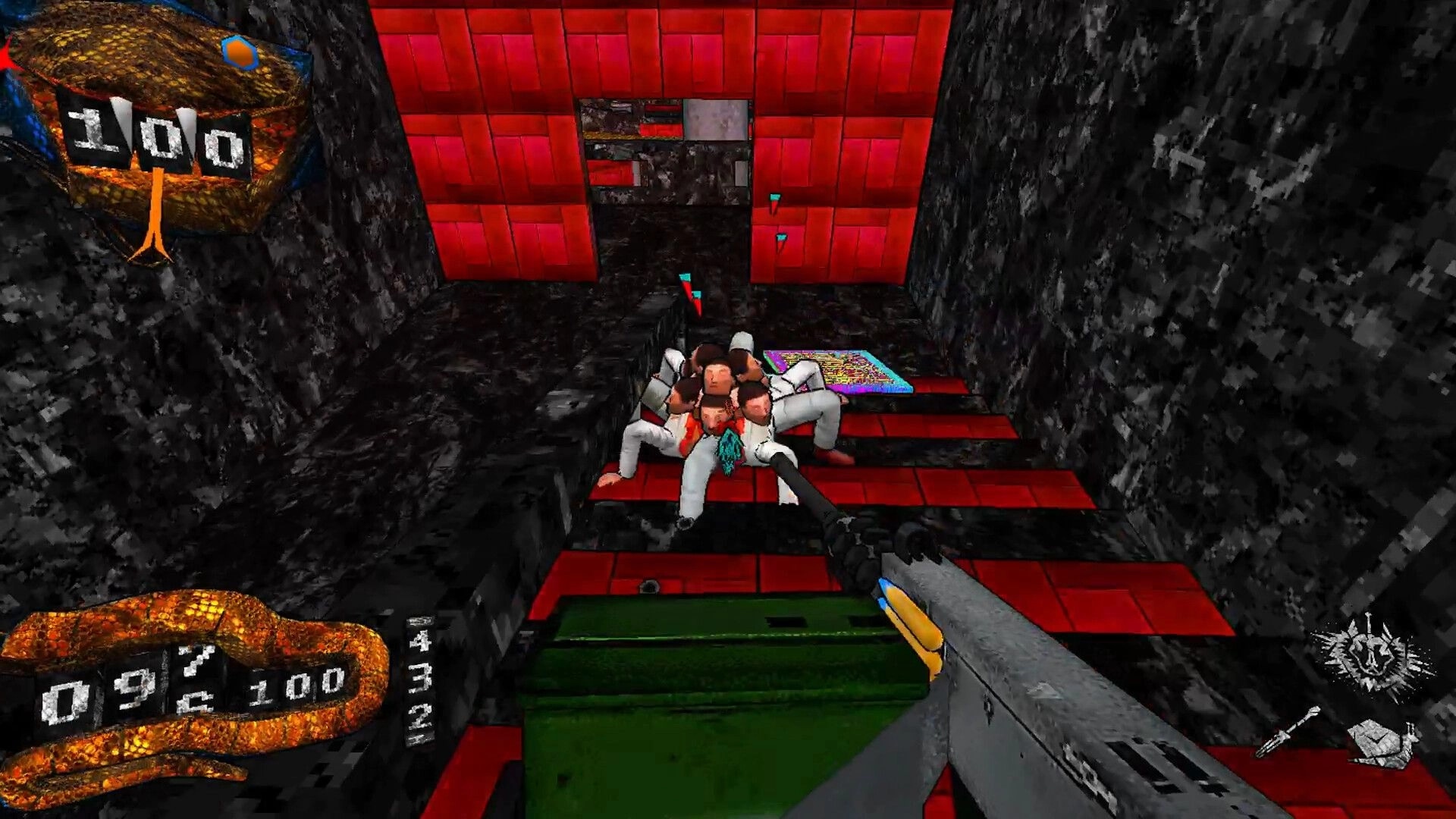 Deeper Still: Shotgun aimed at a heap of white-suited bodies in a red-tiled corridor with HUD.