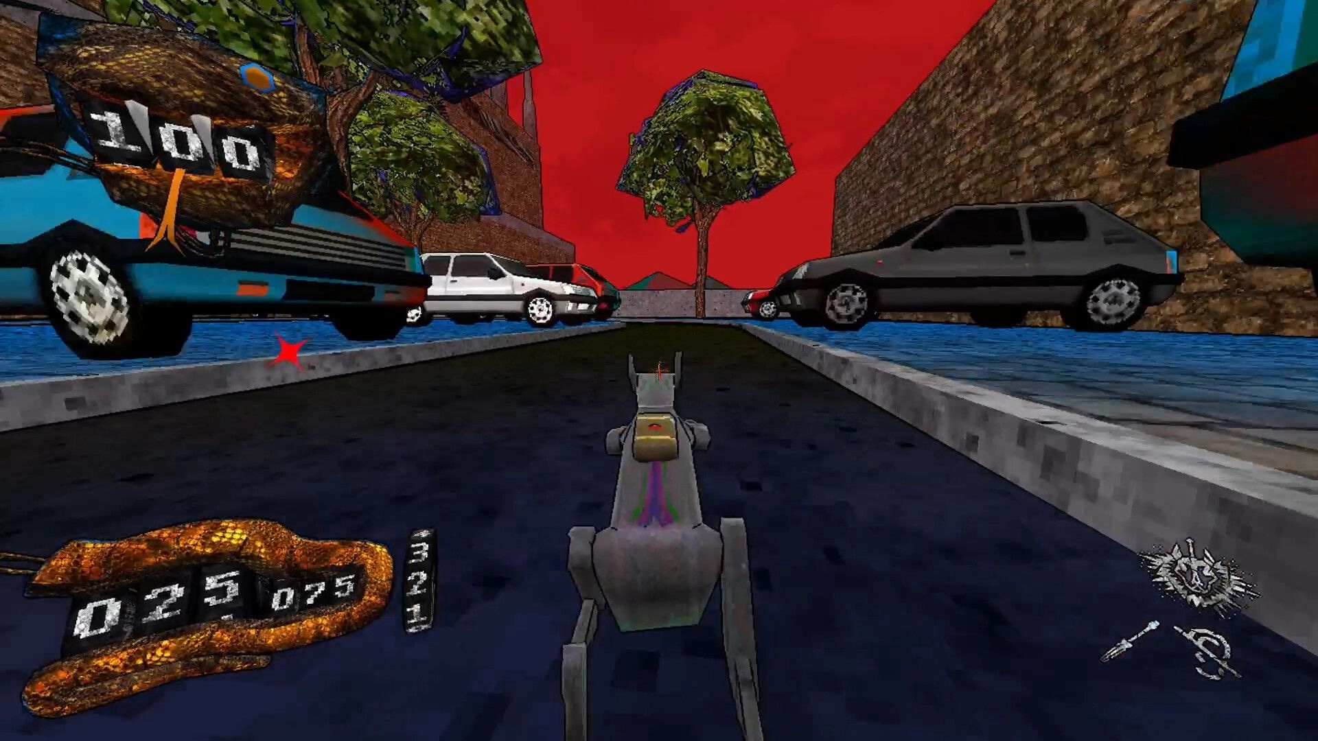 Deeper Still: Aiming down rifle sights on a street with parked cars and trees under red sky.