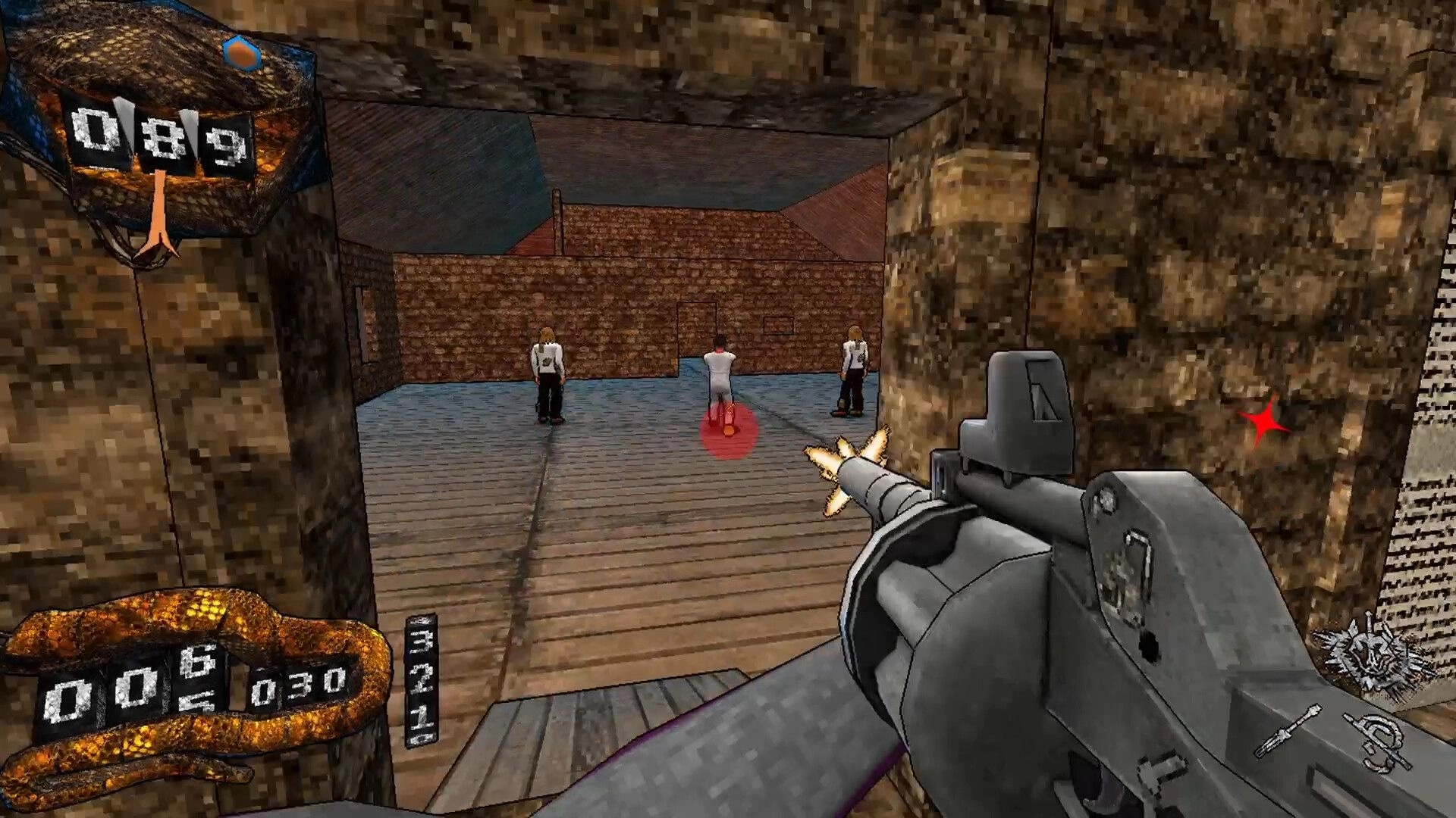 Deeper Still: Firing a rifle at three guards in a brick room, timer and ammo counters on HUD.