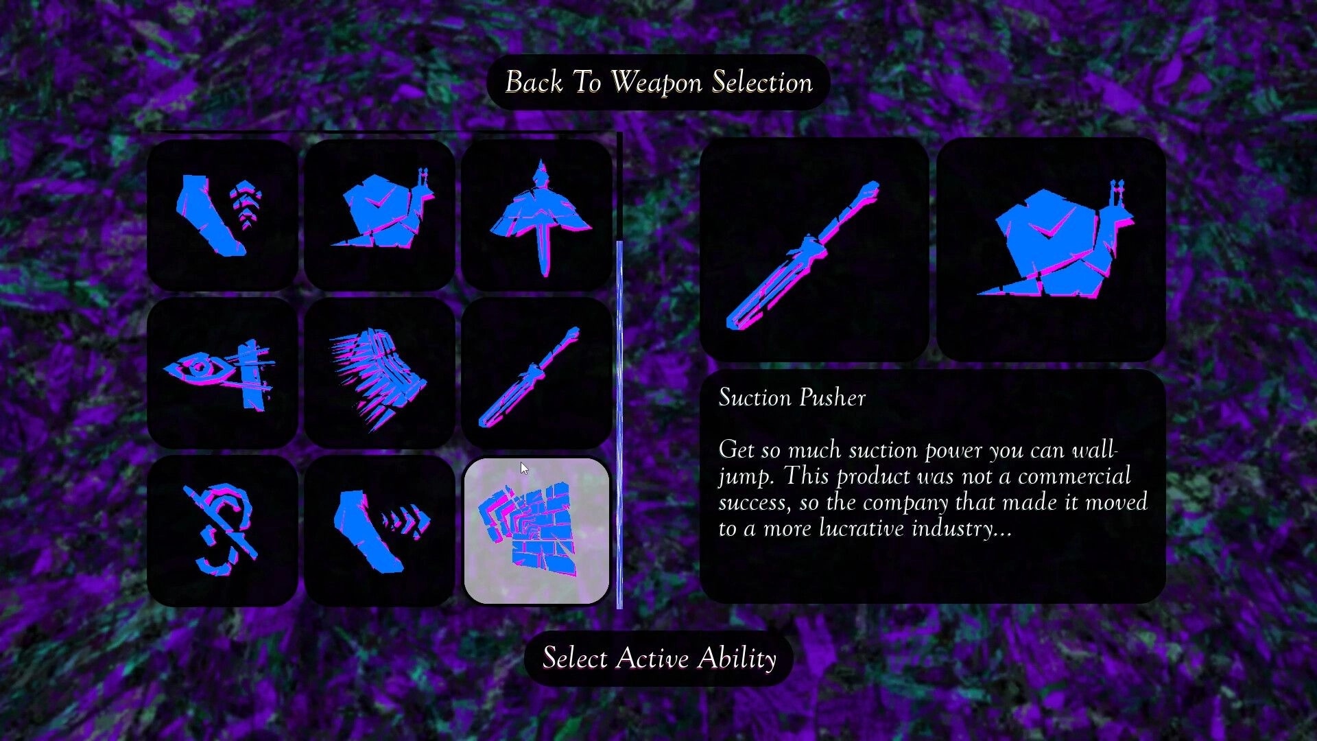 Deeper Still: Ability selection menu highlighting Suction Pusher, with neon icons on purple backdrop.