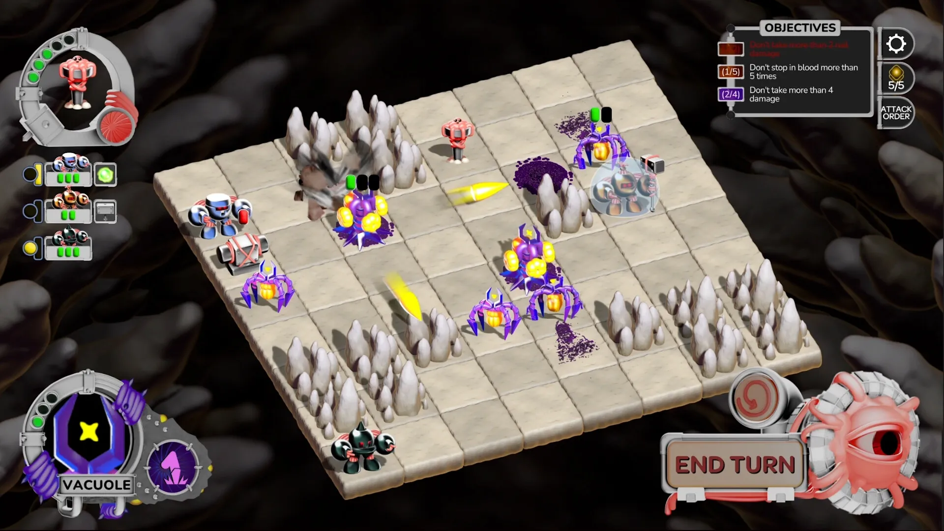 DEEPMESS: Turn-based combat with robots and creatures on a grid, objectives panel in upper right corner.