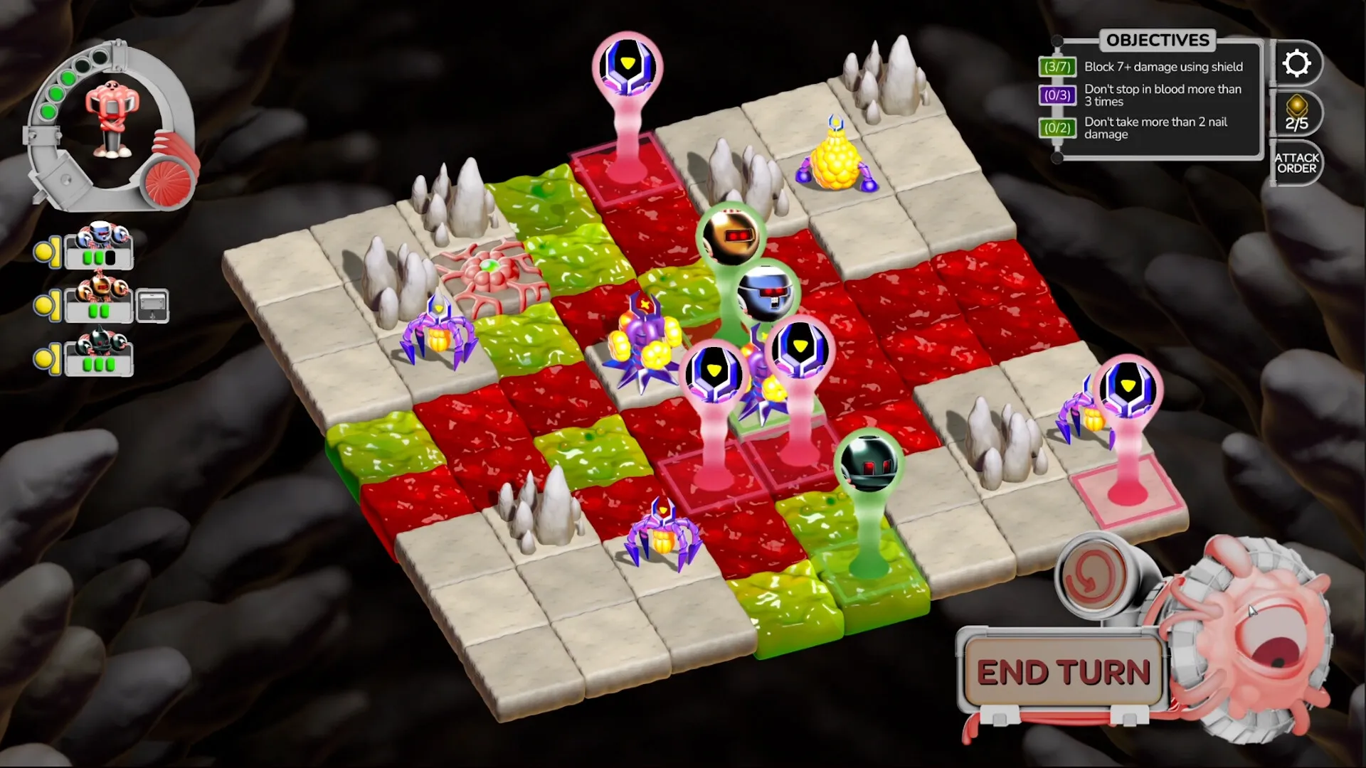 DEEPMESS: Tactical grid with colorful enemies, objectives panel, and end turn button in cavernous setting.