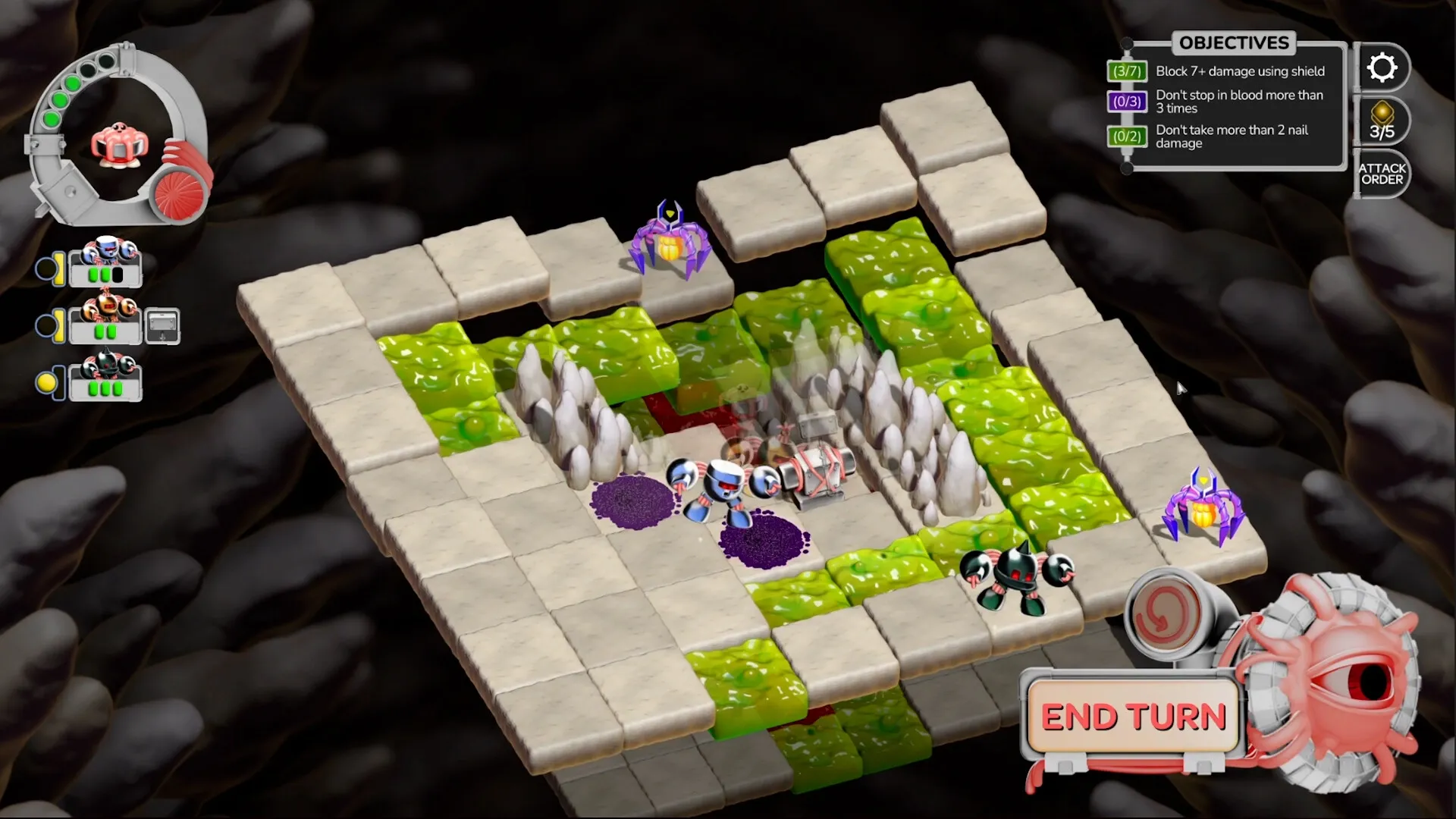 DEEPMESS: Player character on a grid with enemies, objectives list, and "END TURN" button visible