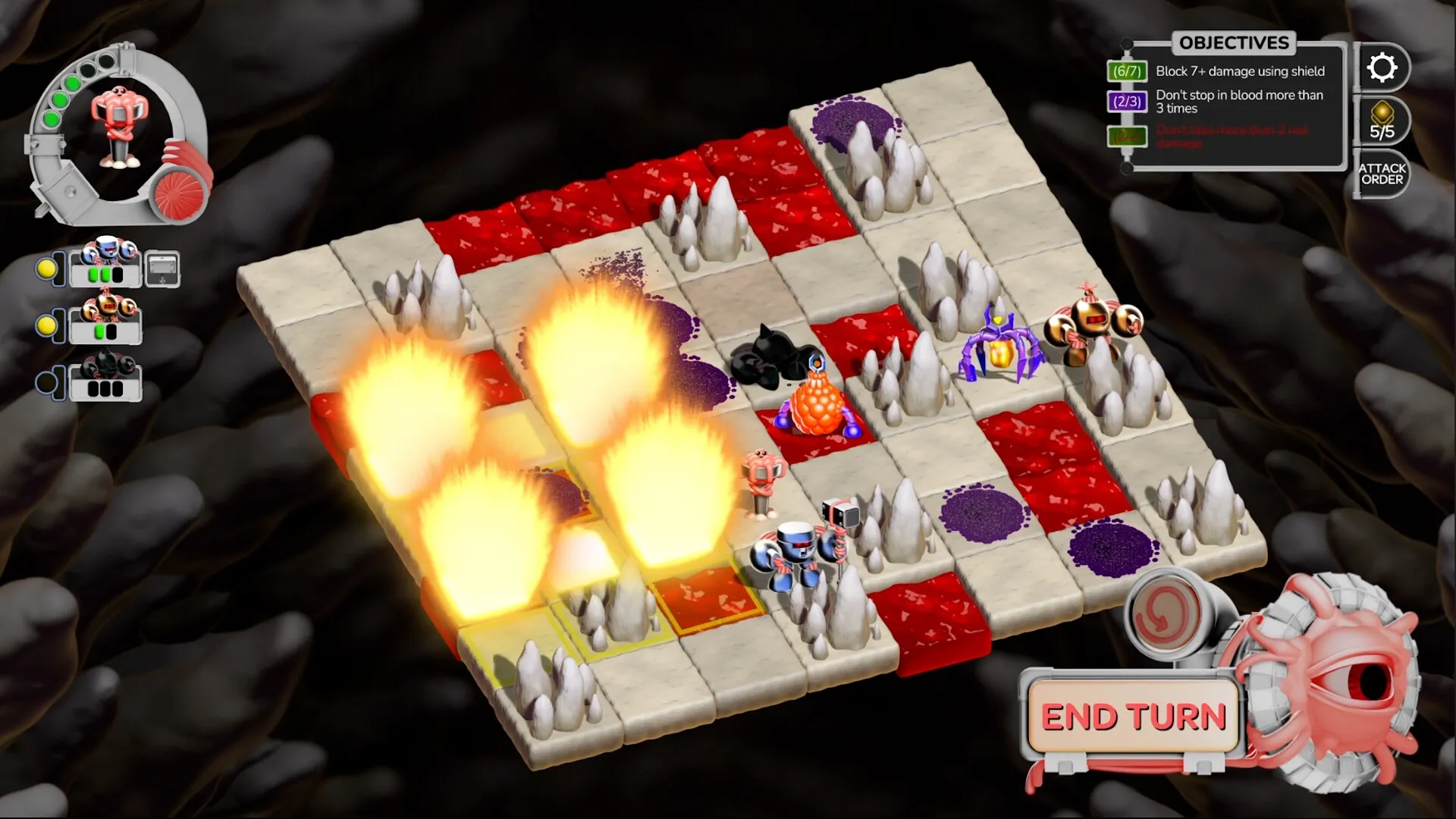 DEEPMESS: Characters navigate fiery tile grid with objectives list and enemy icons in cavernous setting
