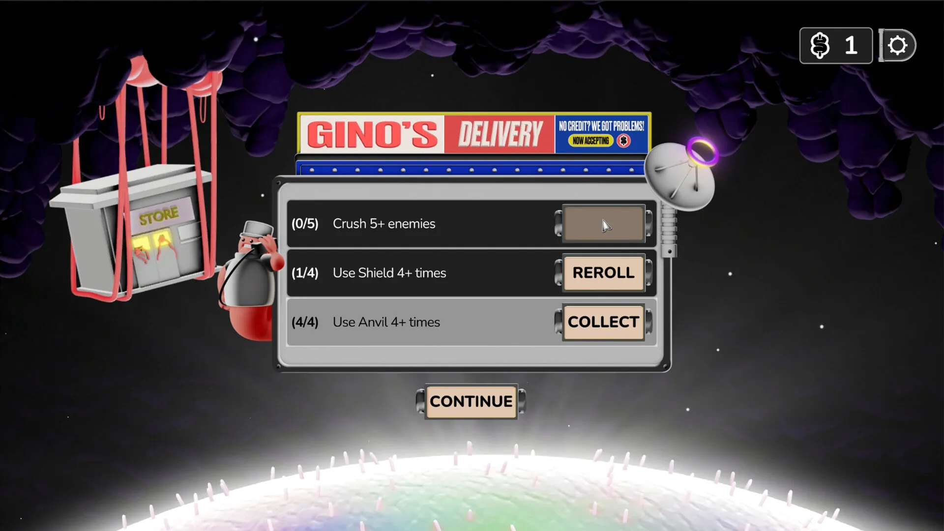 DEEPMESS: Task menu with options to reroll, collect rewards, and continue in a cosmic-themed setting.