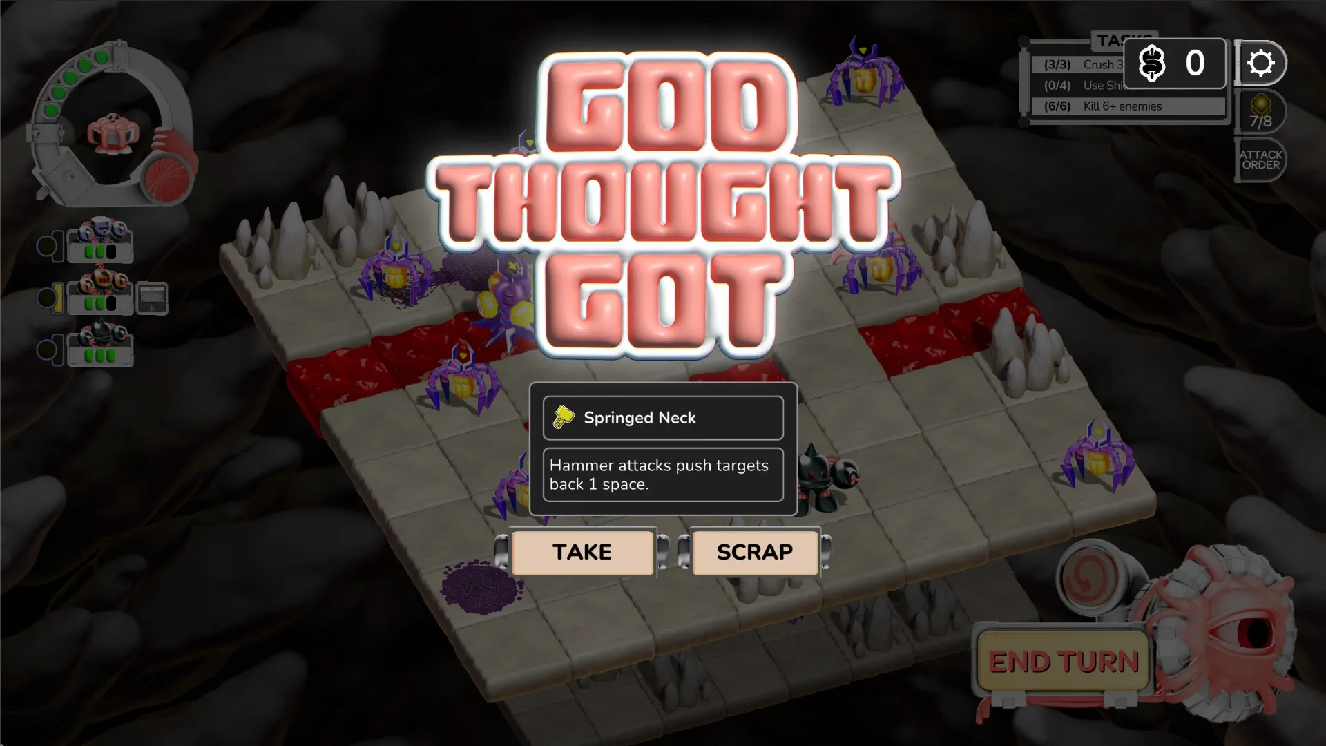 DEEPMESS: Tactical grid with enemies, "Springed Neck" tooltip, and "END TURN" button in cavern setting.