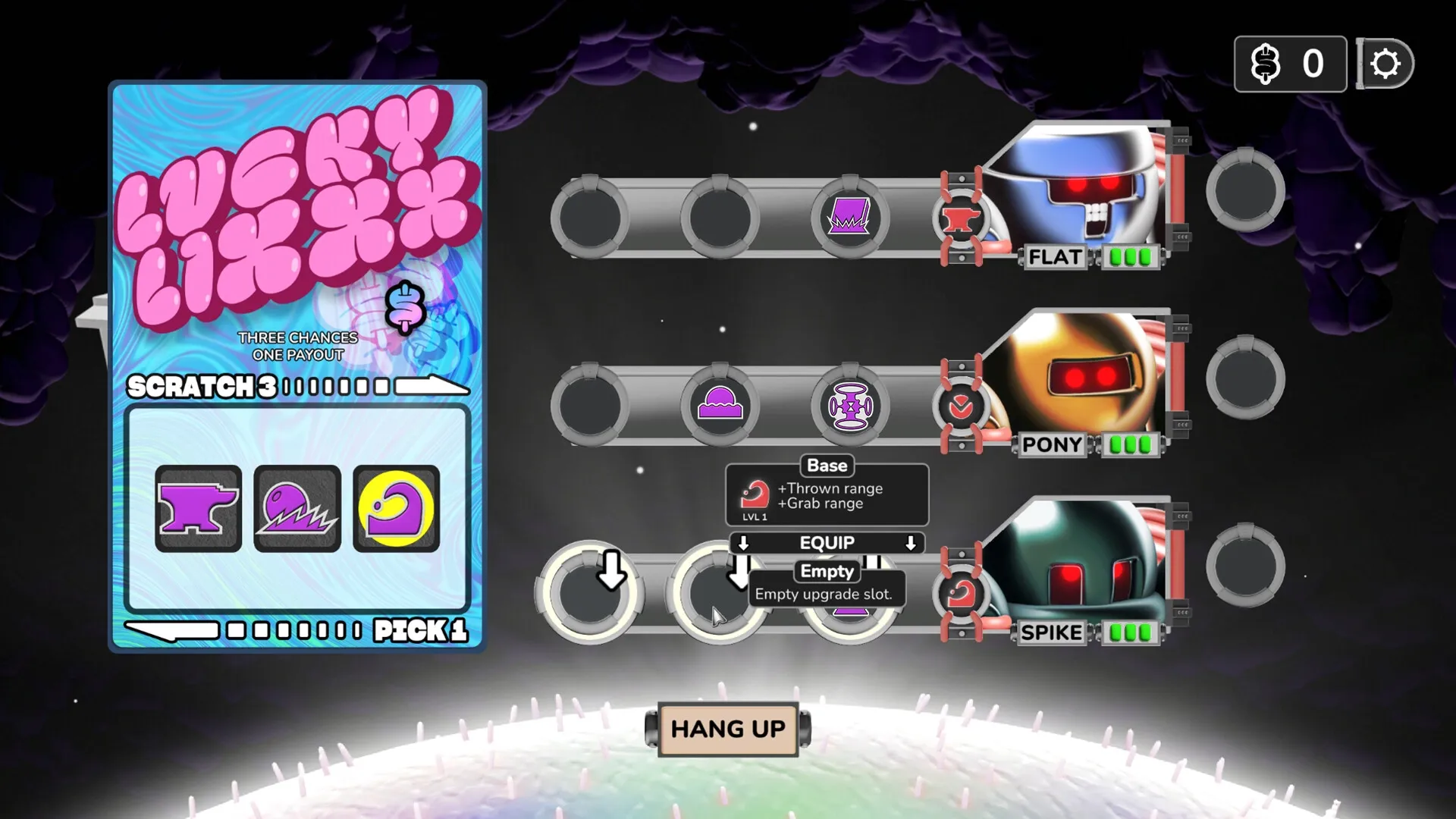 DEEPMESS: Upgrade menu with characters FLAT, PONY, SPIKE and scratch card game on side panel