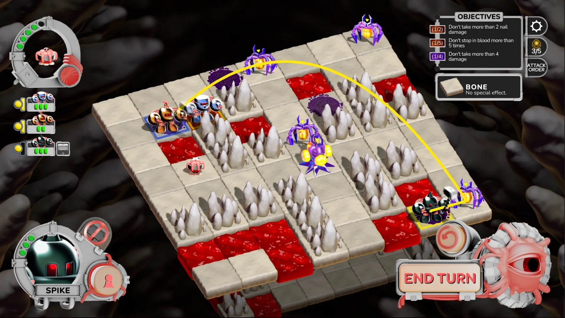 DEEPMESS: Player navigates spiked grid with objectives and enemies, preparing to end turn in cave setting.