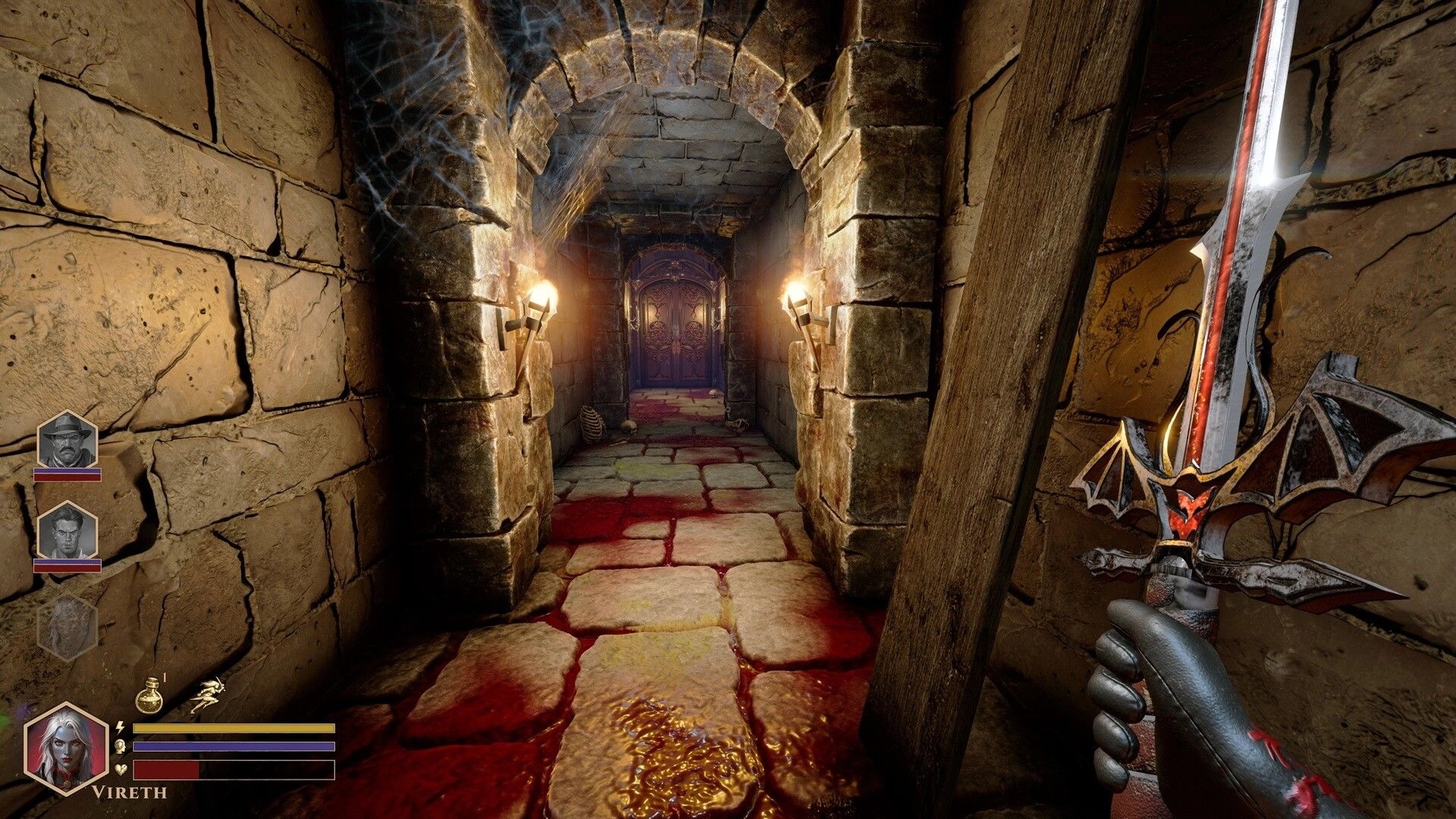 DEEPWARD: First-person sword held ready in a torchlit stone corridor with blood trail and party HUD.