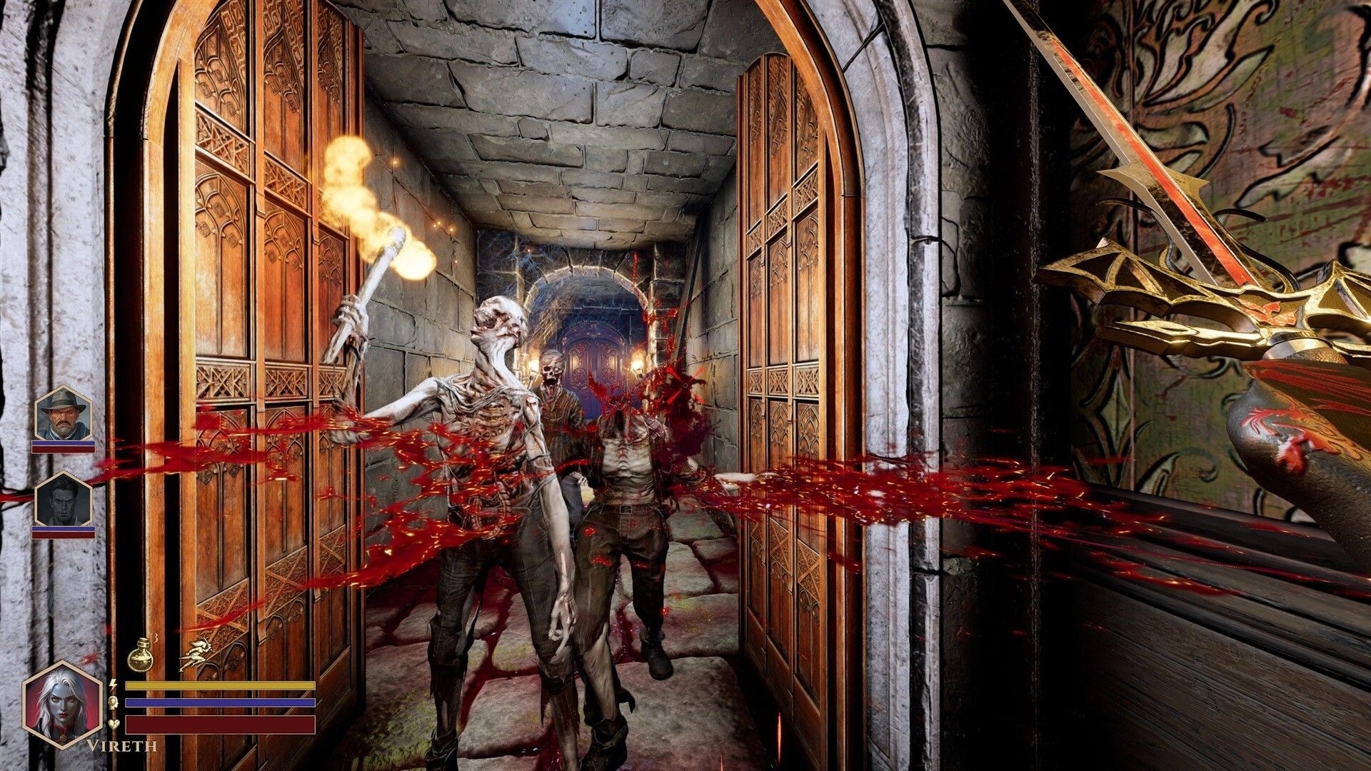 DEEPWARD: First-person sword slash hits torch-bearing undead in a stone corridor, party HUD left.
