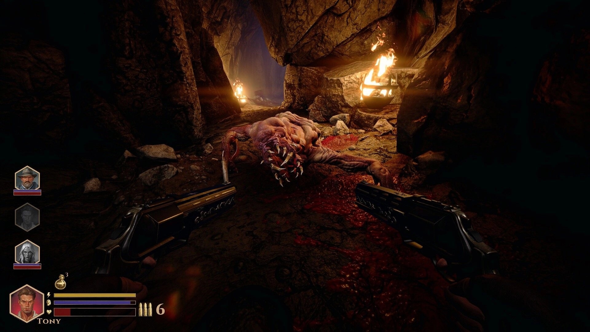 DEEPWARD: Dual pistols aimed at a dead clawed monster in a torchlit cave with squad HUD and ammo count.
