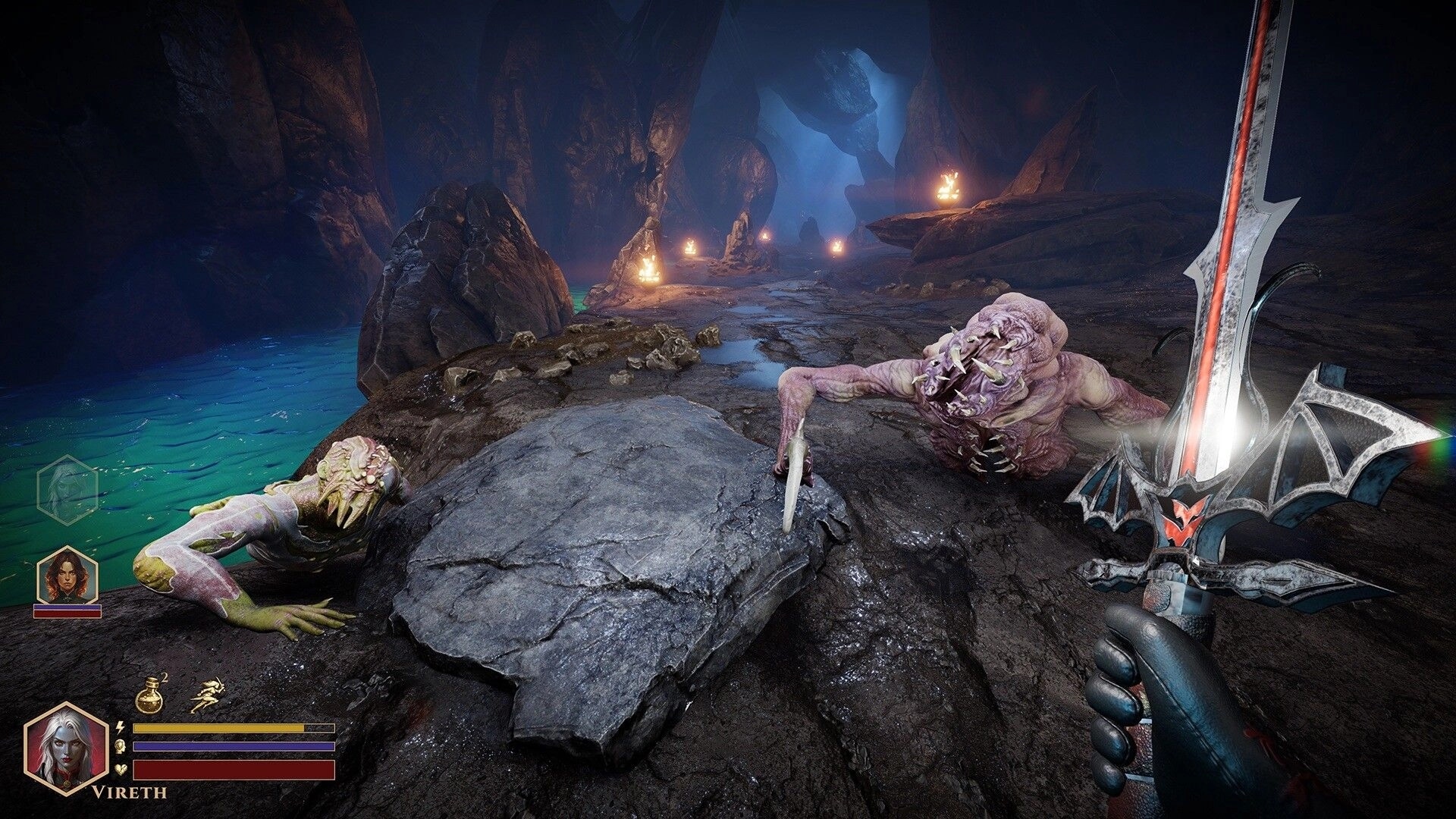 DEEPWARD: First-person sword fight with two crawling mutants on a torchlit cave shore and HUD bars.
