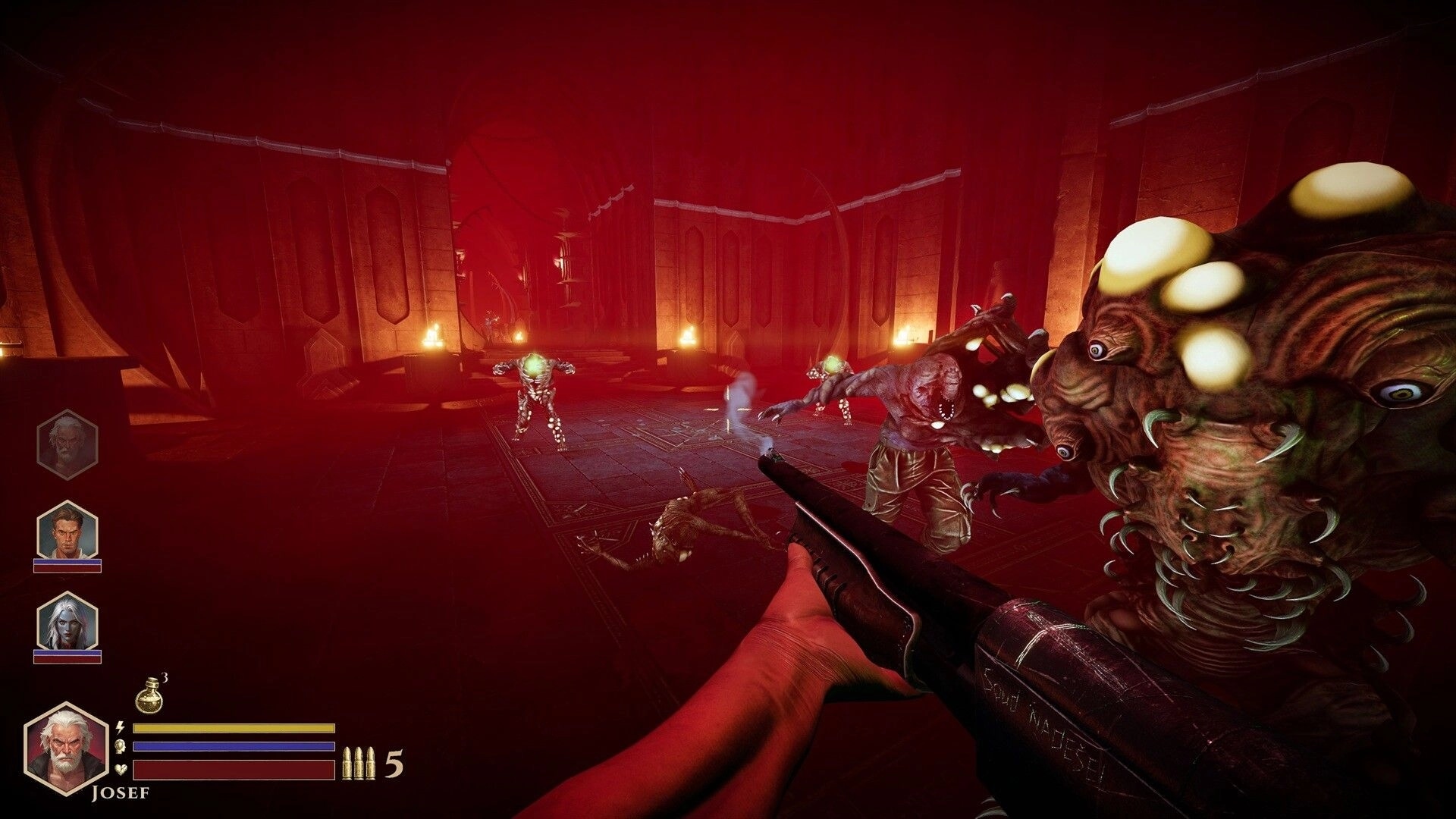 DEEPWARD: Shotgun aimed at lunging horrors with red damage vignette in a torchlit stone hall UI party portraits.