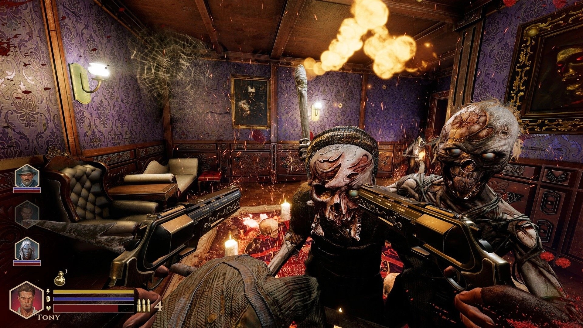 DEEPWARD: Dual pistols blasting two masked horrors in a candlelit parlor, squad HUD on left.