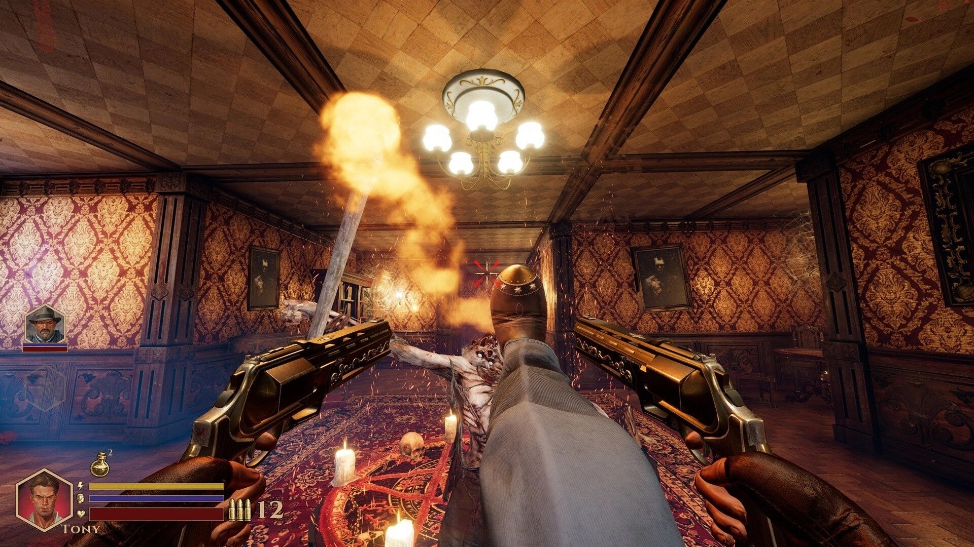 DEEPWARD: Dual pistols and a raised boot attack a ghoul in a candlelit mansion hallway HUD visible.
