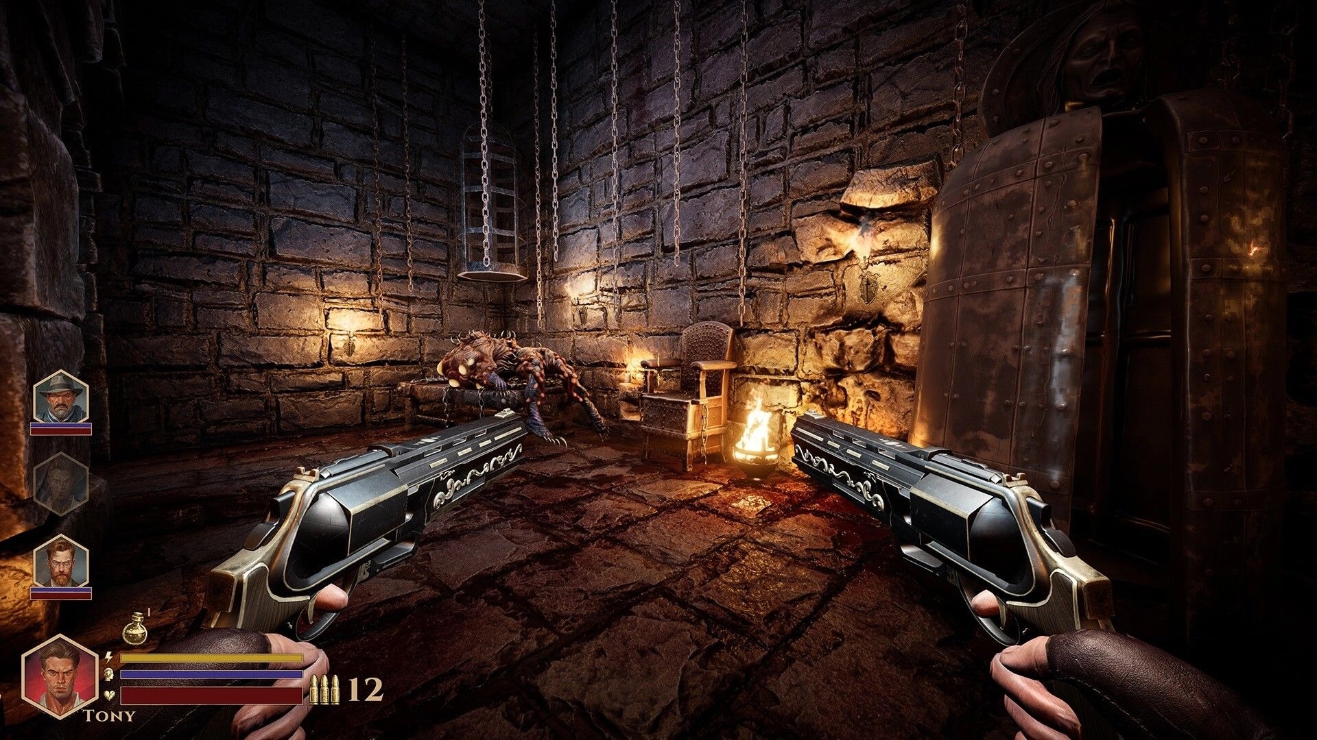 DEEPWARD: Dual pistols aimed at a crawling monster in a torchlit stone dungeon with party HUD left.